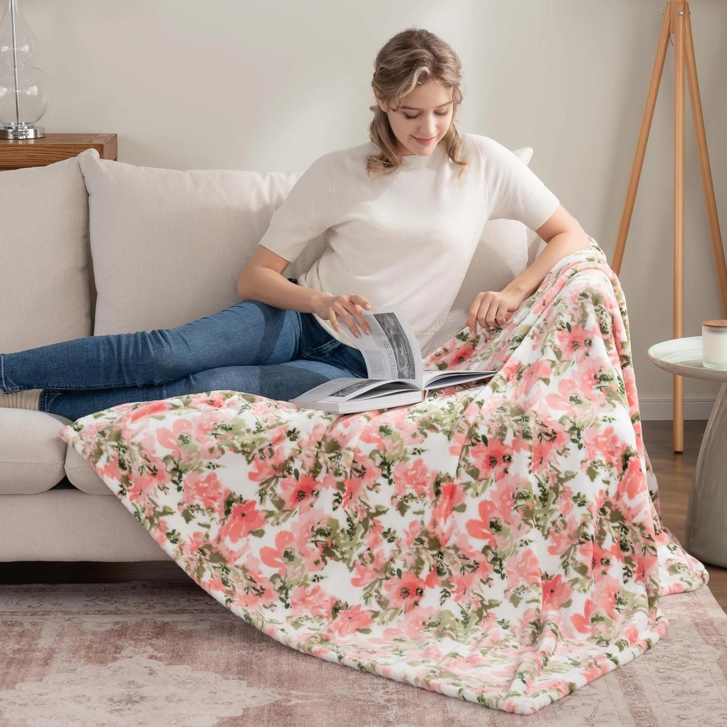 Berkshire Blanket-Classic Heavyweight Soft Printed VelvetLoft® Plush Throw Blanket, Cozy and Fuzzy, Abstraction Pink Green, 50in x 70in