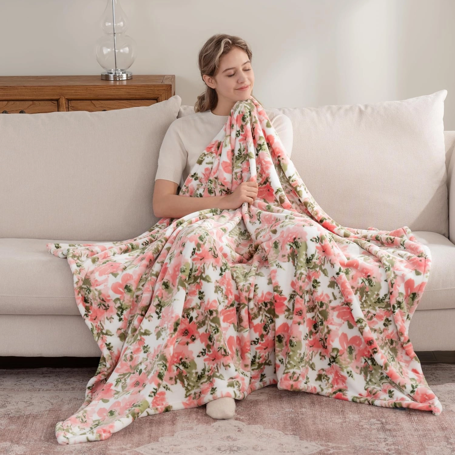 Berkshire Blanket-Classic Heavyweight Soft Printed VelvetLoft® Plush Throw Blanket, Cozy and Fuzzy, Abstraction Pink Green, 50in x 70in