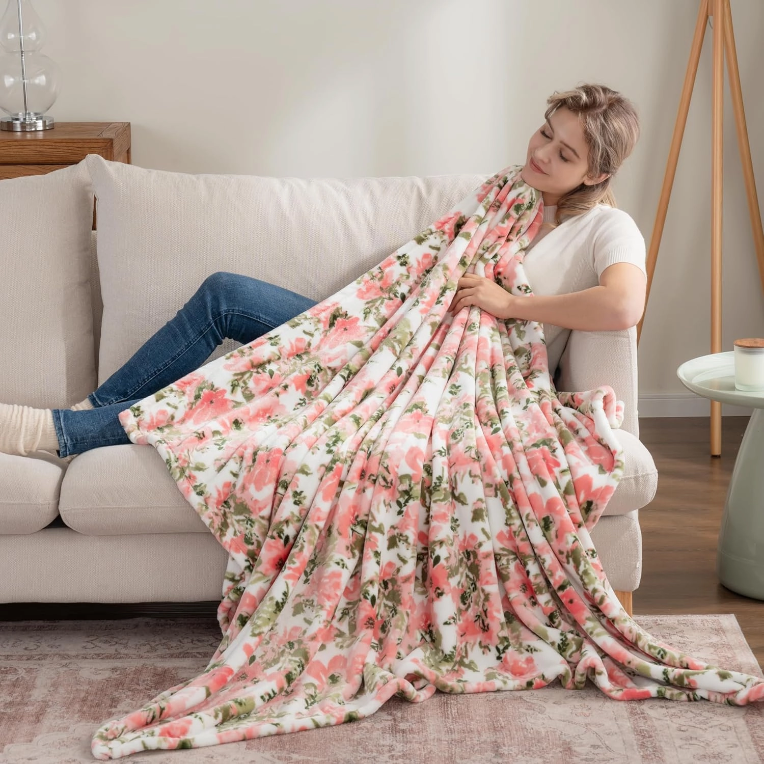 Berkshire Blanket-Classic Heavyweight Soft Printed VelvetLoft® Plush Throw Blanket, Cozy and Fuzzy, Abstraction Pink Green, 50in x 70in