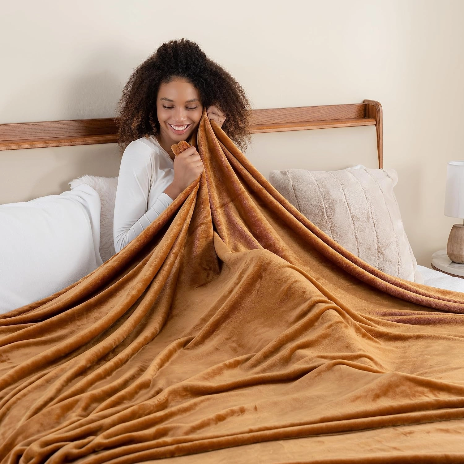 Berkshire Blanket Classic VelvetLoft® Solid Bed Blanket, Queen Size Bed Blanket, Lightweight Soft Fuzzy Plush Blanket for Bed and Couch, Butterscotch Orange, 90x90 Inches