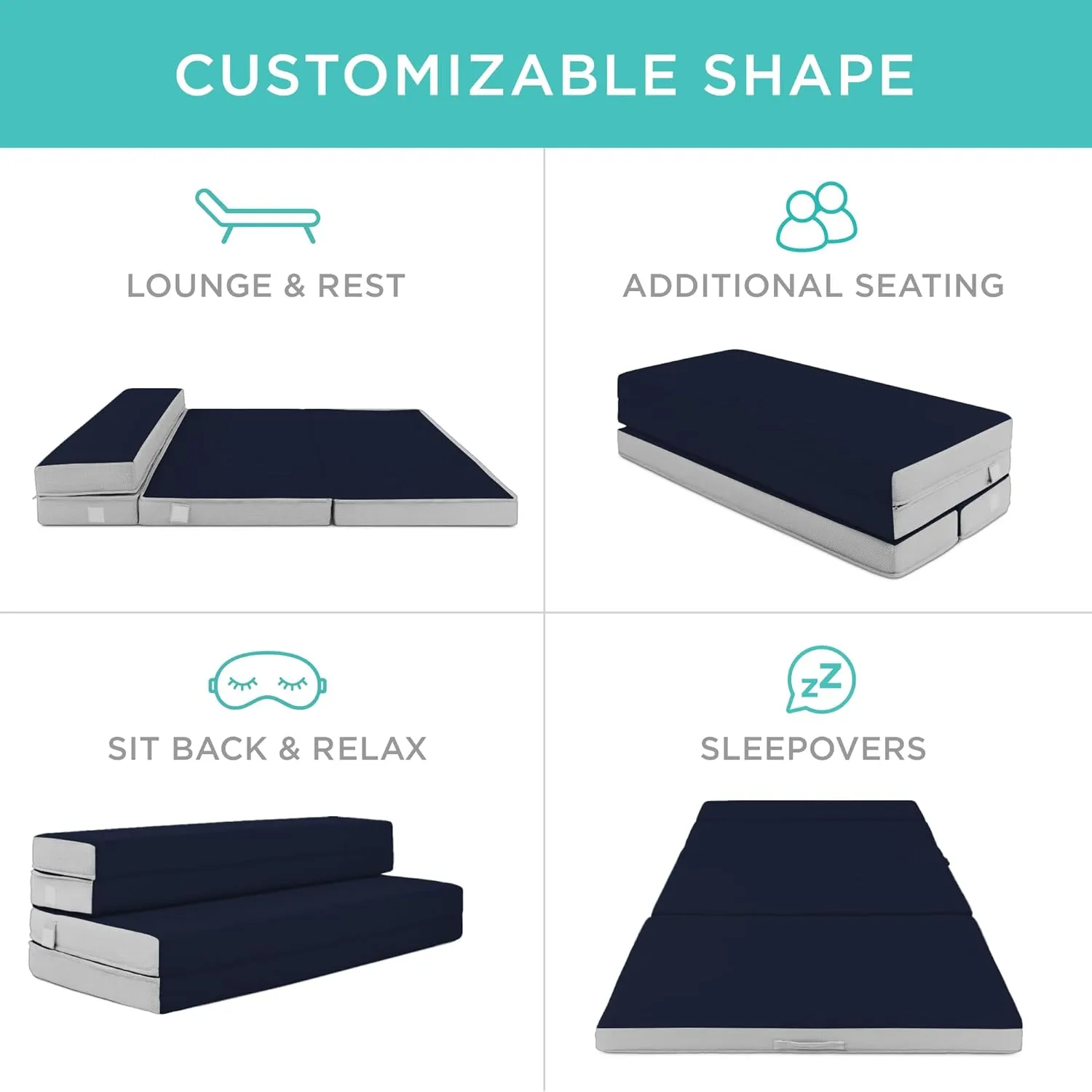 Best Choice Products 4in Portable Twin-Size Mattress, Tri-Fold Mattress for Camping, Guest, Toddler, Foam Plush w/Carry Case - Midnight Blue
