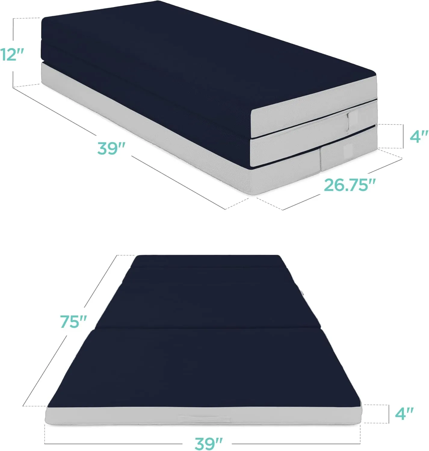 Best Choice Products 4in Portable Twin-Size Mattress, Tri-Fold Mattress for Camping, Guest, Toddler, Foam Plush w/Carry Case - Midnight Blue