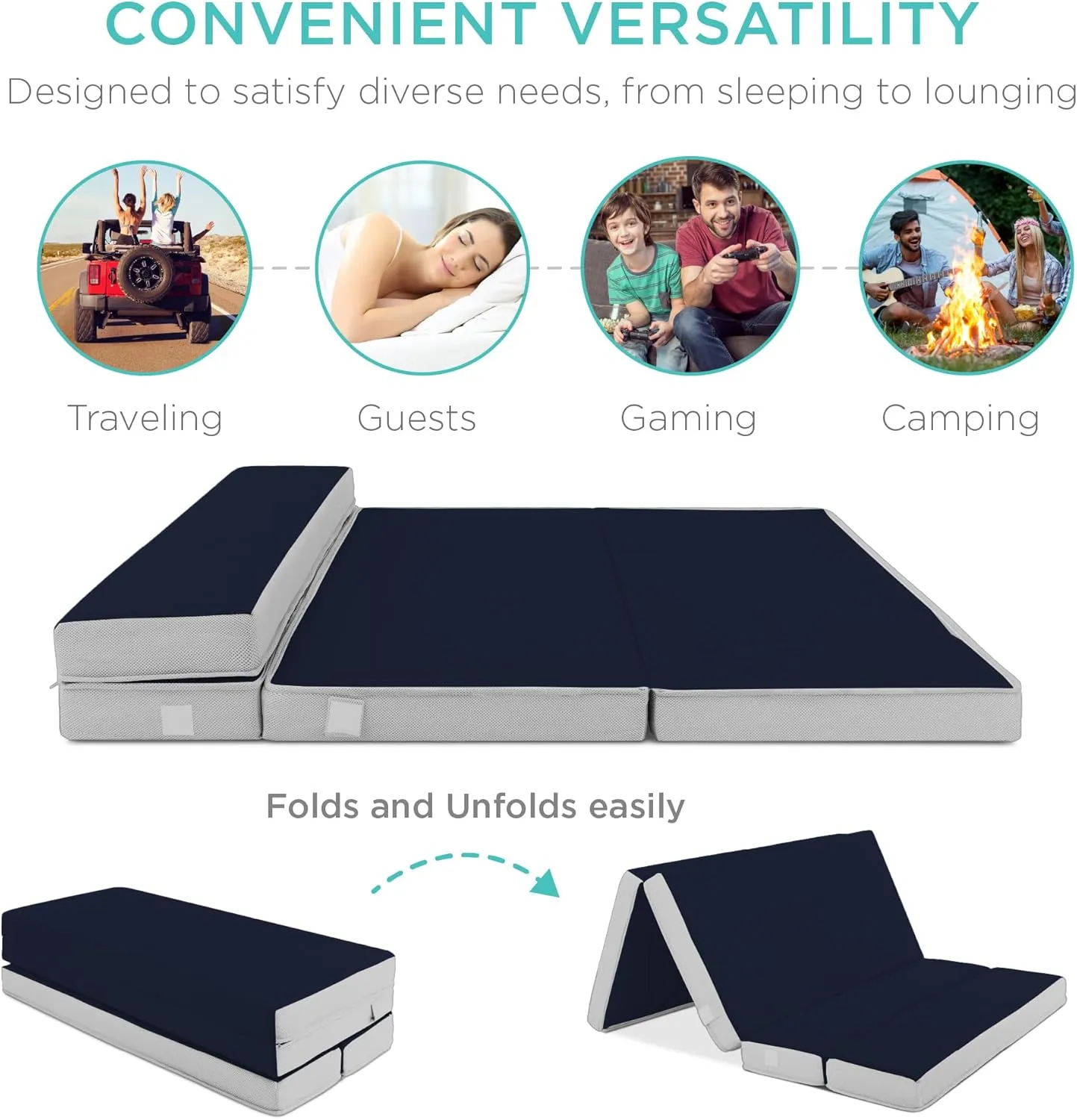 Best Choice Products 4in Portable Twin-Size Mattress, Tri-Fold Mattress for Camping, Guest, Toddler, Foam Plush w/Carry Case - Midnight Blue