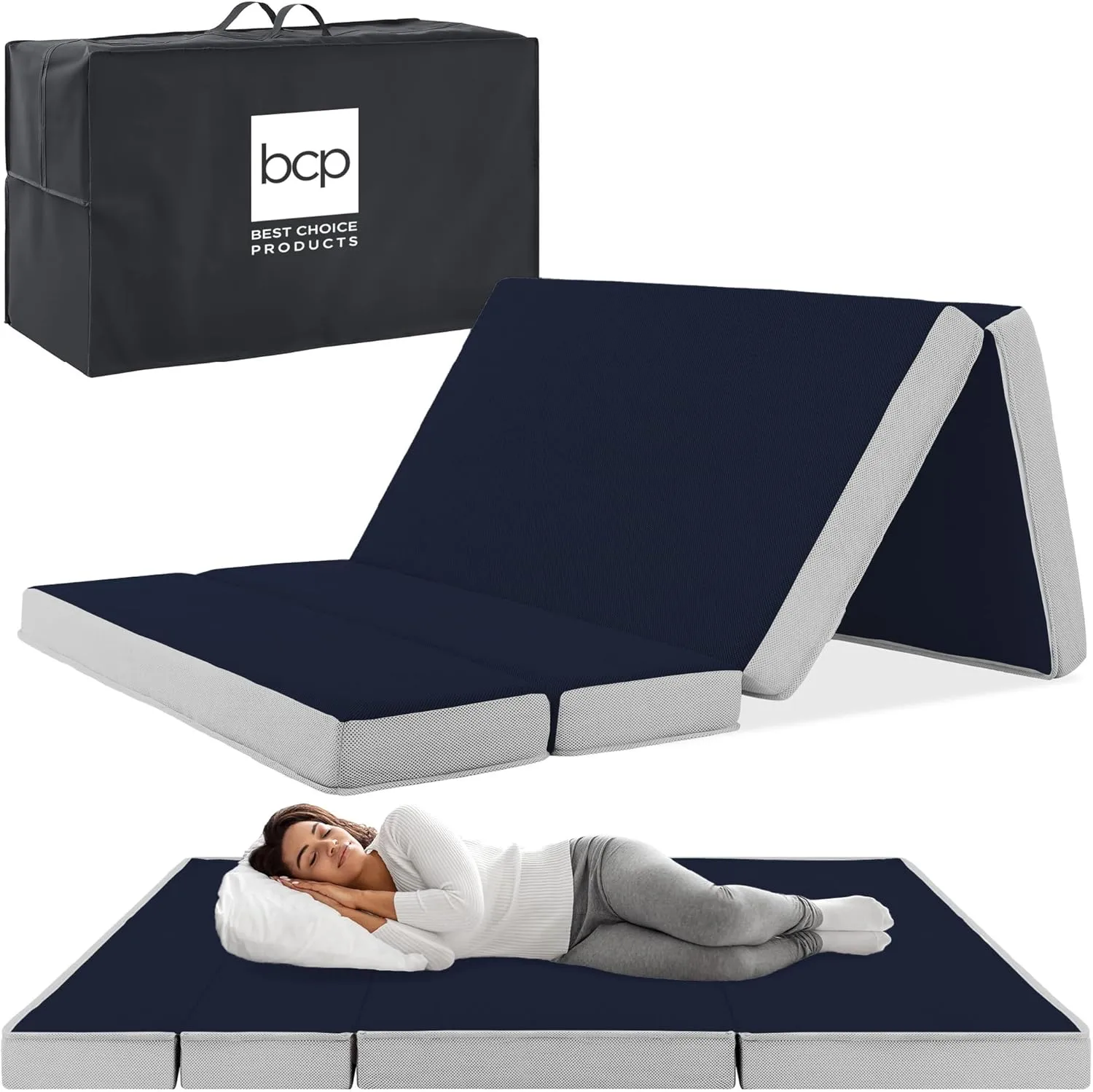 Best Choice Products 4in Portable Twin-Size Mattress, Tri-Fold Mattress for Camping, Guest, Toddler, Foam Plush w/Carry Case - Midnight Blue