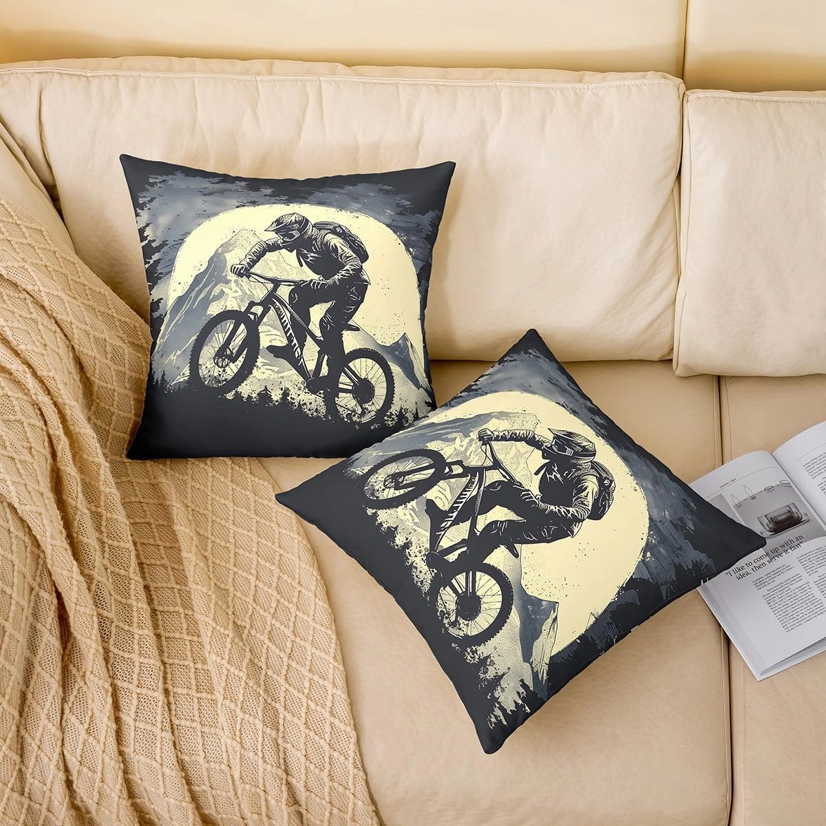 Biking Pillow Covers Pack of 2,Cycling Riding Adventure Extreme Sports Throw Cushion Covers Double Sides,Natural Mount Mystic Moon Sky Vintage Square Sofa Couch Pillow Covers,20"x 20"