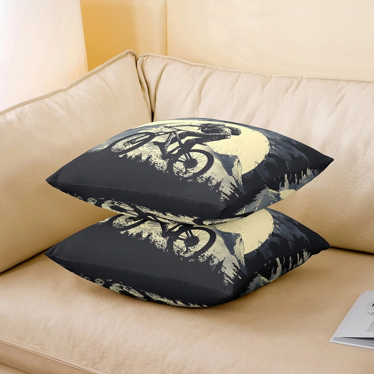 Biking Pillow Covers Pack of 2,Cycling Riding Adventure Extreme Sports Throw Cushion Covers Double Sides,Natural Mount Mystic Moon Sky Vintage Square Sofa Couch Pillow Covers,20"x 20"