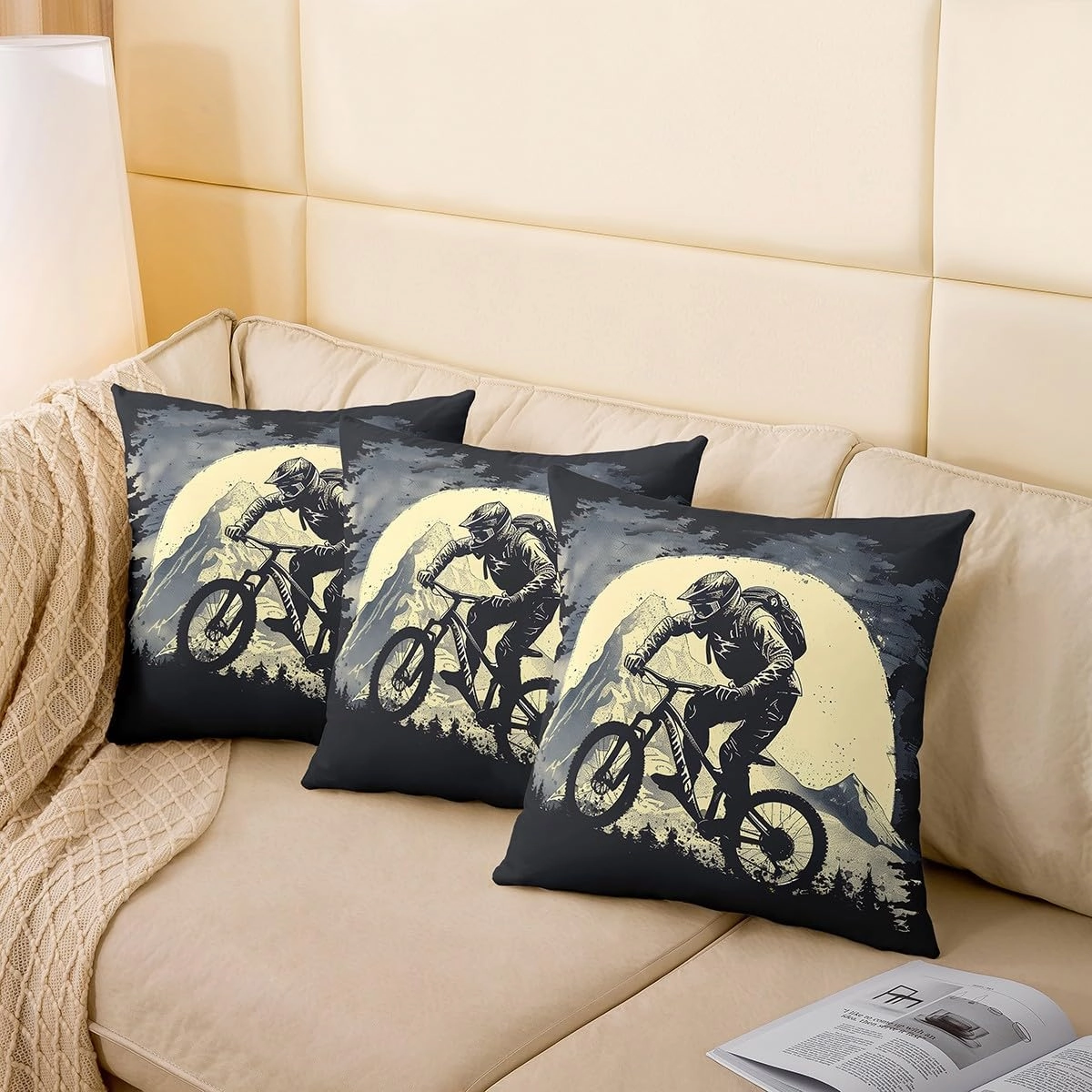 Biking Pillow Covers Pack of 2,Cycling Riding Adventure Extreme Sports Throw Cushion Covers Double Sides,Natural Mount Mystic Moon Sky Vintage Square Sofa Couch Pillow Covers,20"x 20"