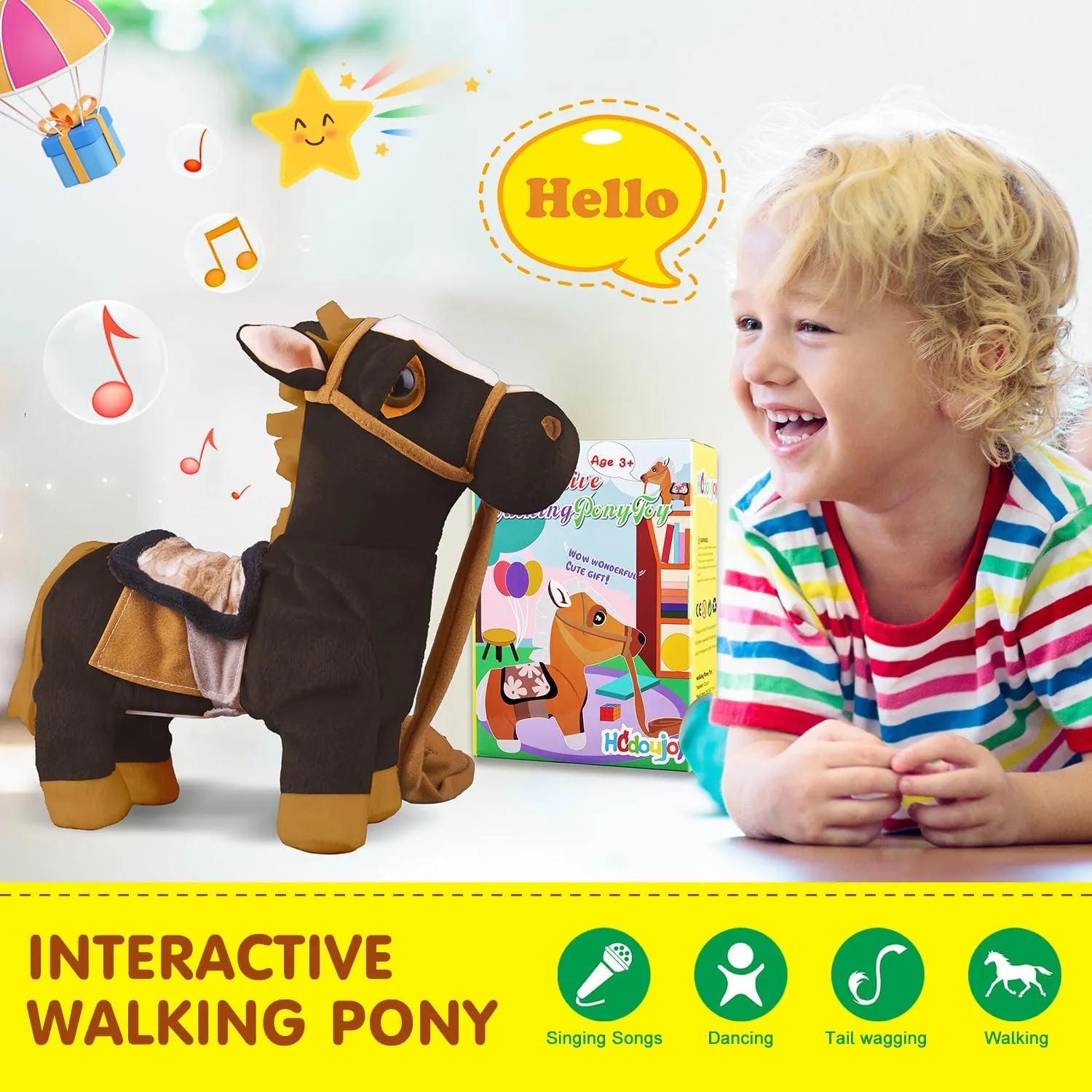 Black Pony Plush Interactive Singing Dancing Musical Realistic Pony, Stuffed Shaking Leash Horse Head Buttocks Toy for Boys Girls Birthday Christmas Thanksgiving Gift