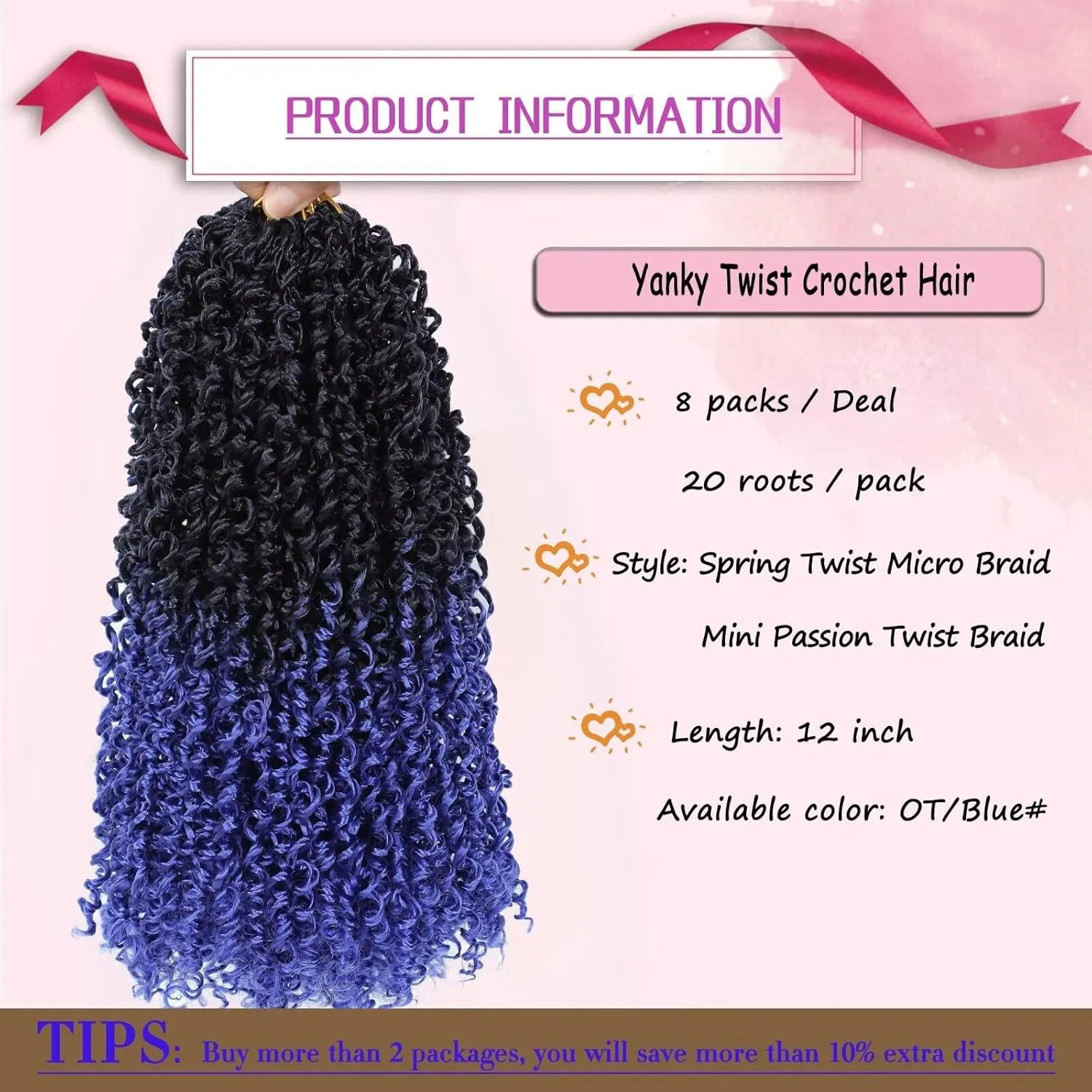 Blue Yanky Twist Crochet Hair 8Packs 12inch Pretwisted Mini Senegalese Twist Braids Spring Crochet Braid Hair with Curly Protective Hairstyle Synthetic Crochet Braids for Black Women(#OT/Blue)