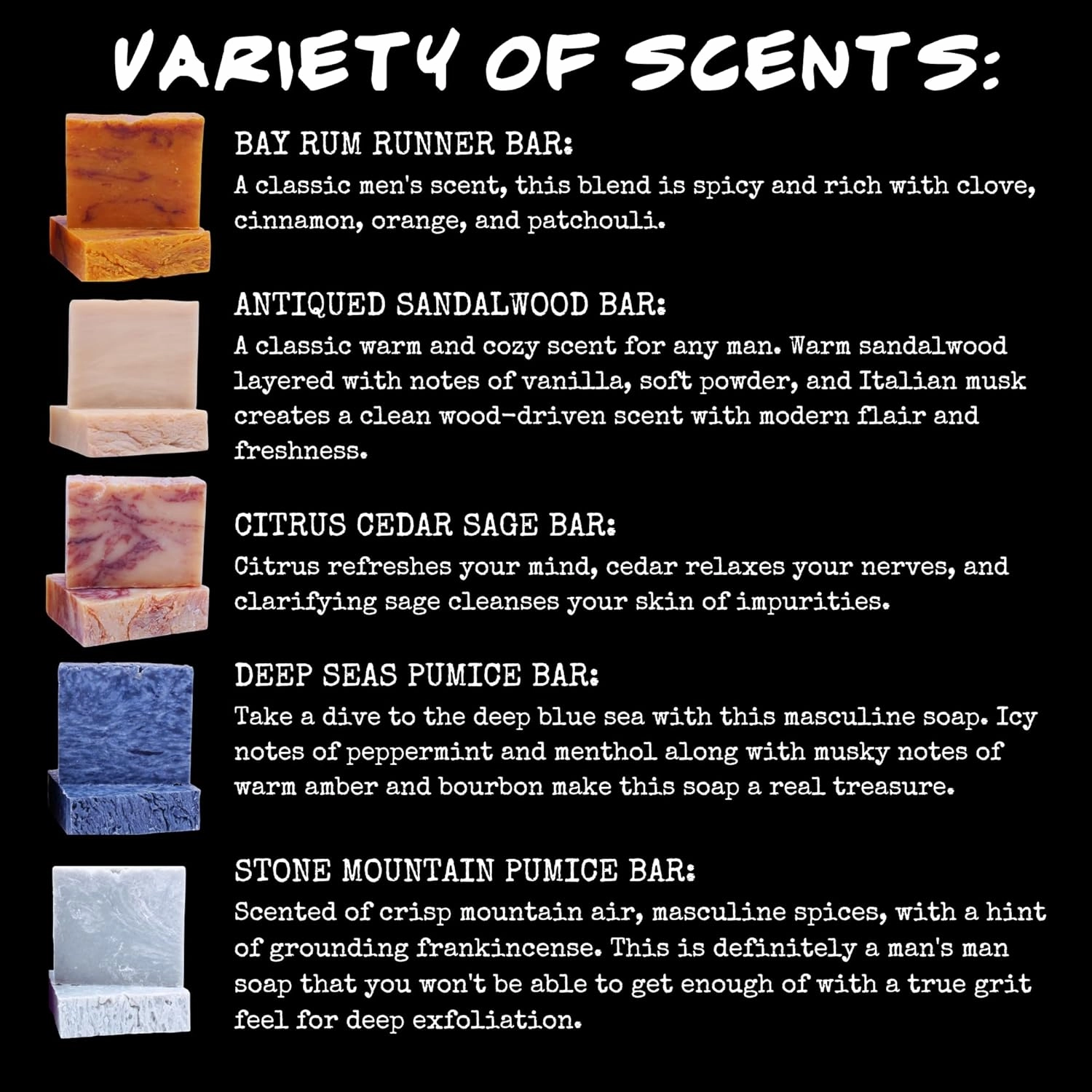BLUEBYRD SOAP Men's Natural Bar Soap Gift Set (5 Bars) | Masculine Soap Bars Variety Pack - Bay Rum, Citrus Cedar Sage, Sandalwood, Frankincense, Exfoliating Pumice (Mens Original)
