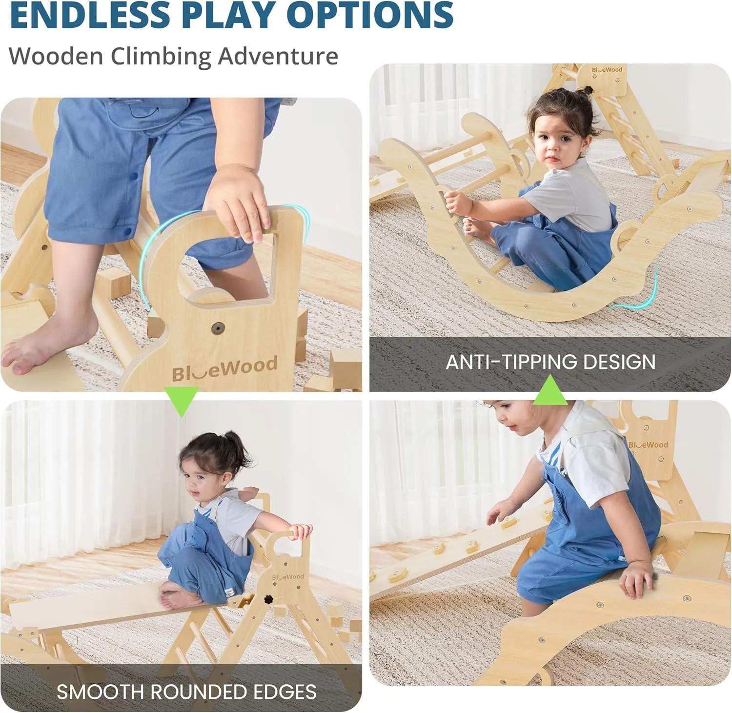 BlueWood Pikler Triangle Set, Toddler Wooden Climbing Toys Indoor 7in1 Climber, Foldable Kids Climbing Toys, Montessori Play Jungle Gym with Arch, Ramp, Ladder (Natural)