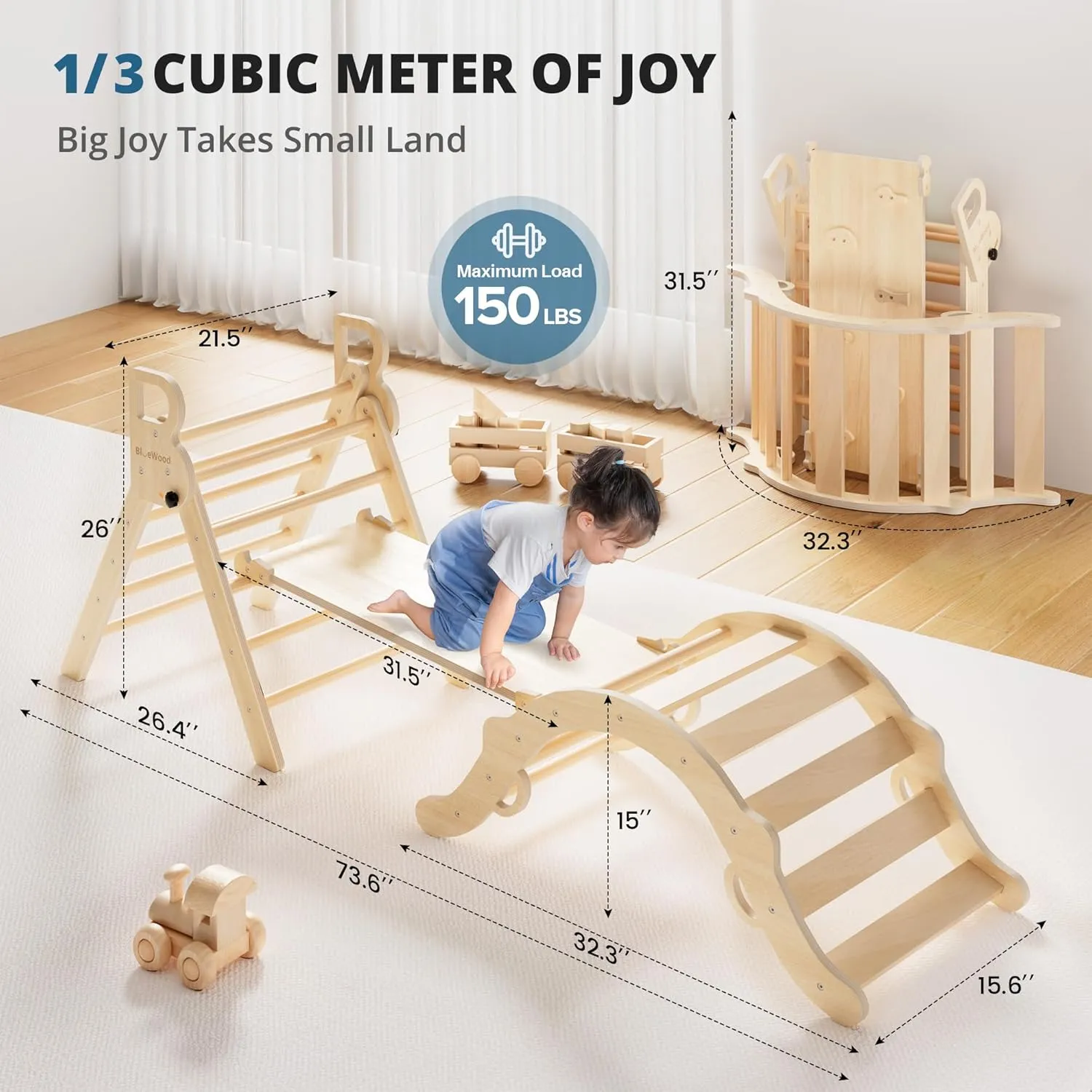 BlueWood Pikler Triangle Set, Toddler Wooden Climbing Toys Indoor 7in1 Climber, Foldable Kids Climbing Toys, Montessori Play Jungle Gym with Arch, Ramp, Ladder (Natural)