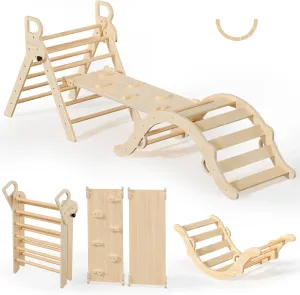 BlueWood Pikler Triangle Set, Toddler Wooden Climbing Toys Indoor 7in1 Climber, Foldable Kids Climbing Toys, Montessori Play Jungle Gym with Arch, Ramp, Ladder (Natural)
