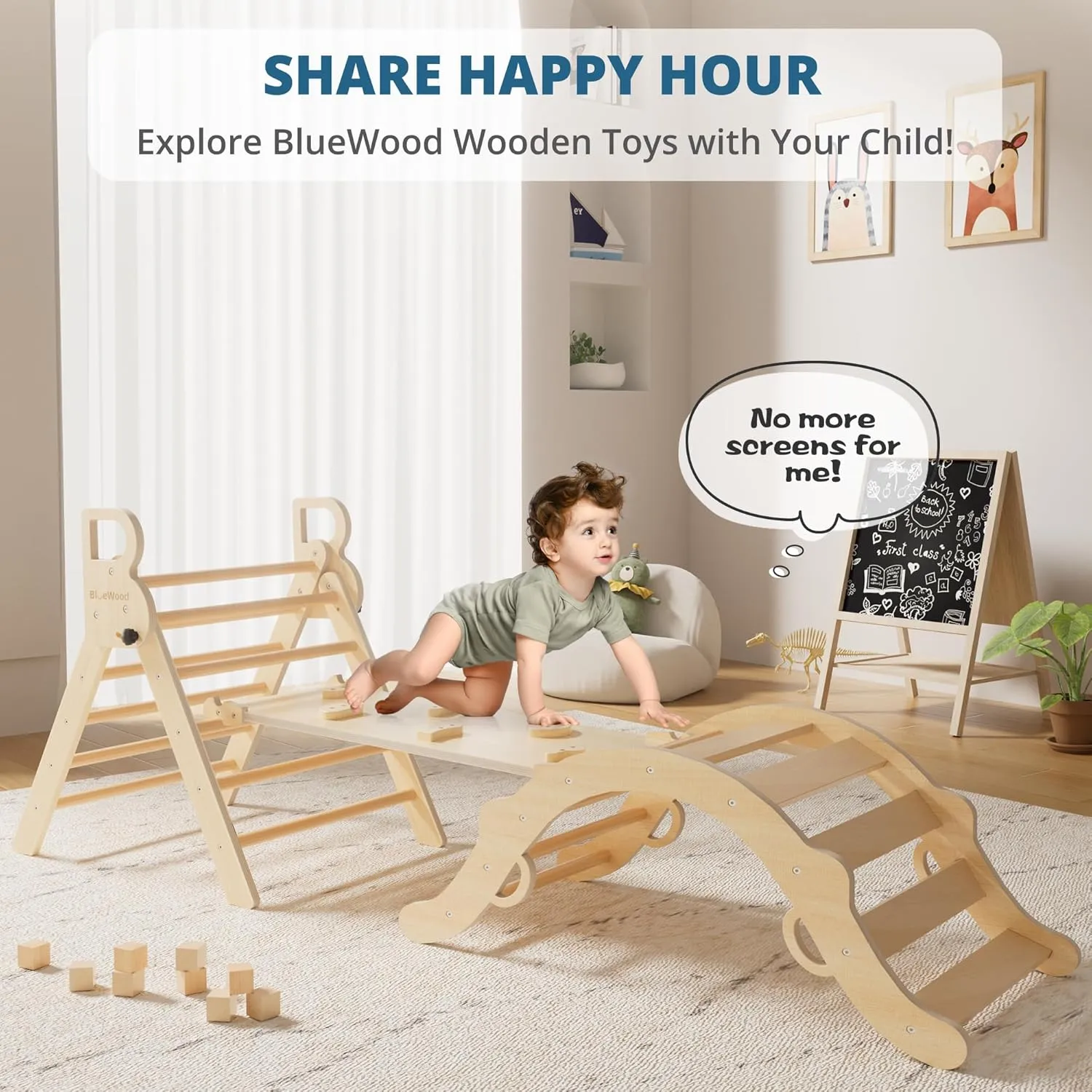 BlueWood Pikler Triangle Set, Toddler Wooden Climbing Toys Indoor 7in1 Climber, Foldable Kids Climbing Toys, Montessori Play Jungle Gym with Arch, Ramp, Ladder (Natural)