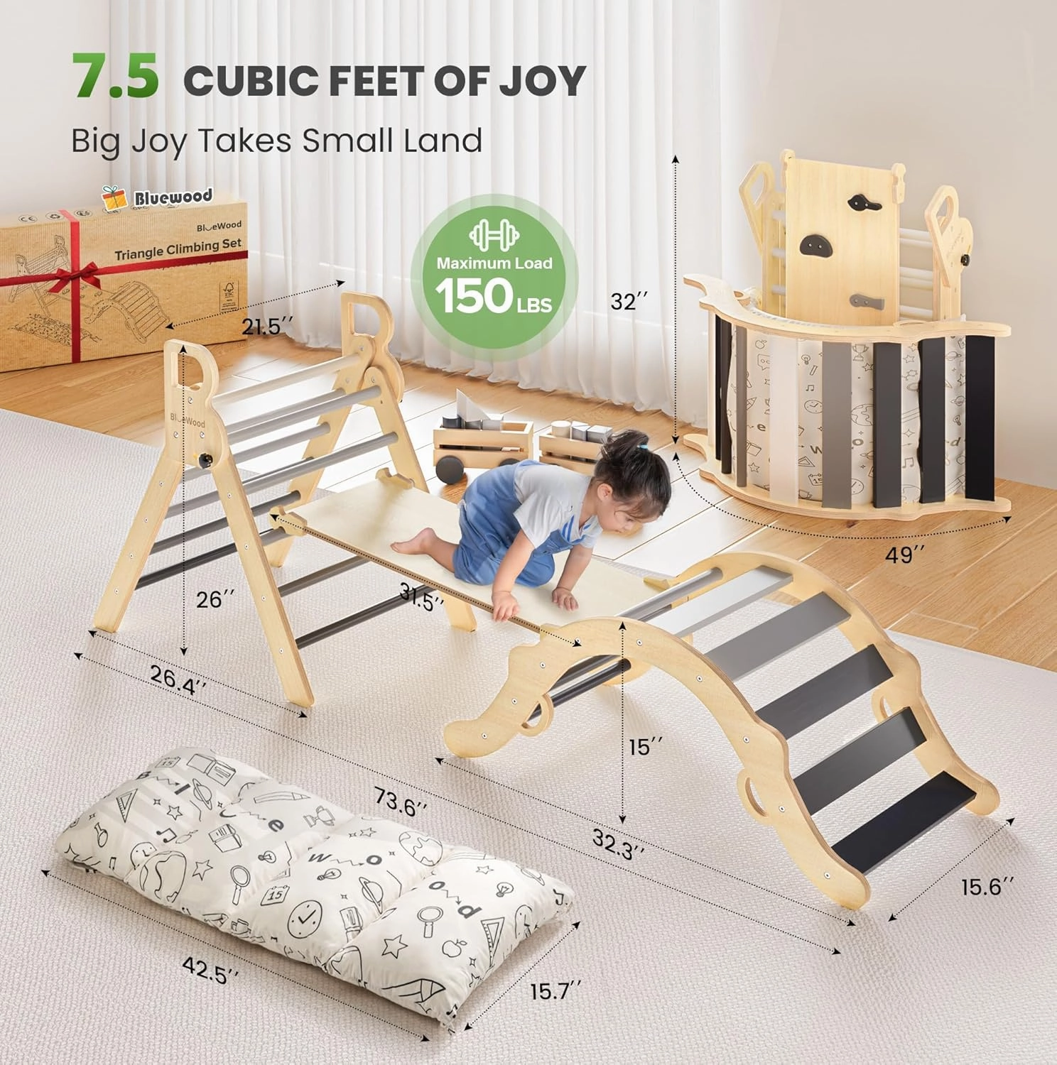 BlueWood Pikler Triangle Set with Cushion, 8-in-1 Climbing Toys for Toddlers, Montessori Philosophy Play Jungle Gym with Arch, Ramp, Ladder(Elegant Gray)