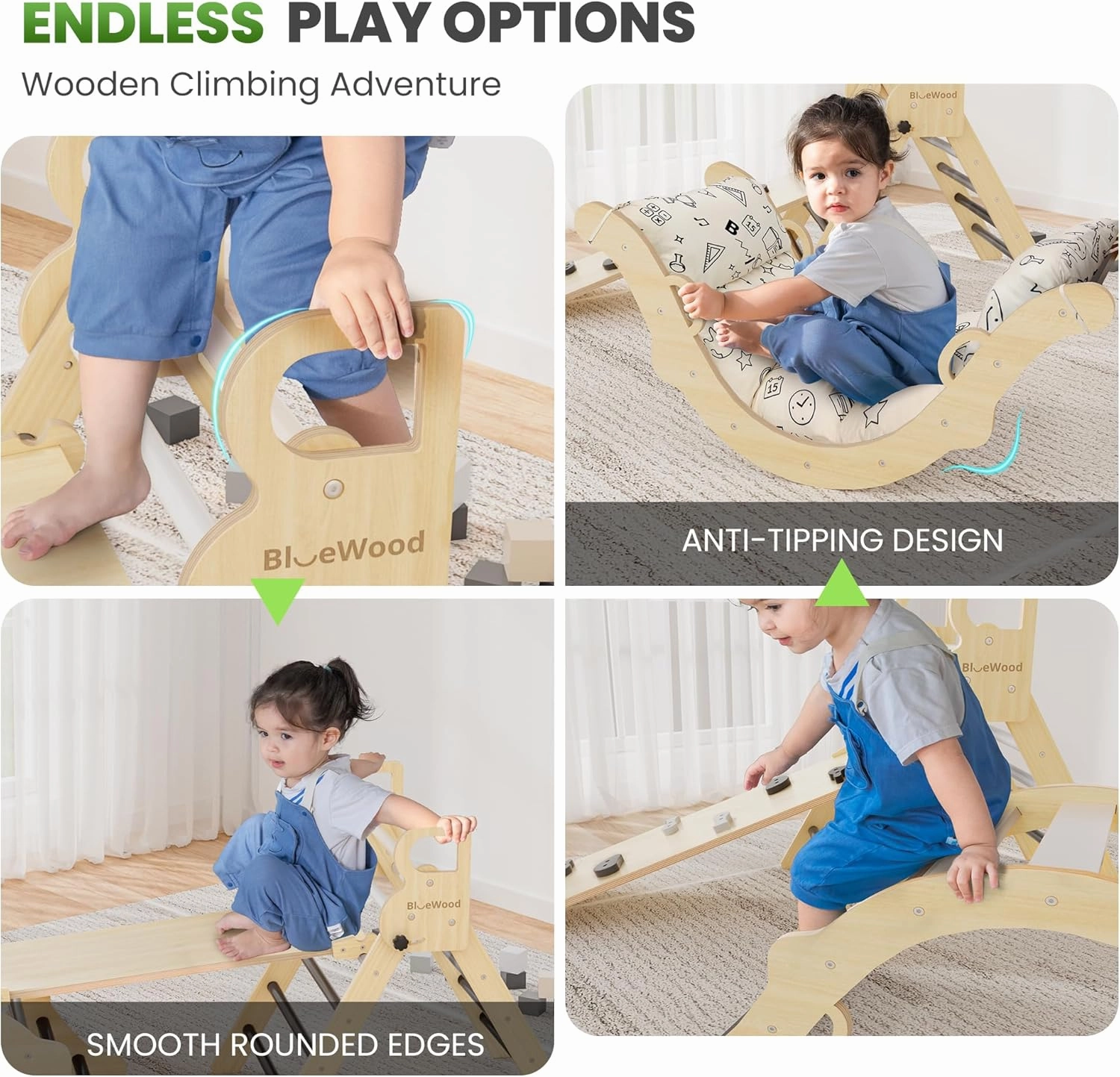 BlueWood Pikler Triangle Set with Cushion, 8-in-1 Climbing Toys for Toddlers, Montessori Philosophy Play Jungle Gym with Arch, Ramp, Ladder(Elegant Gray)