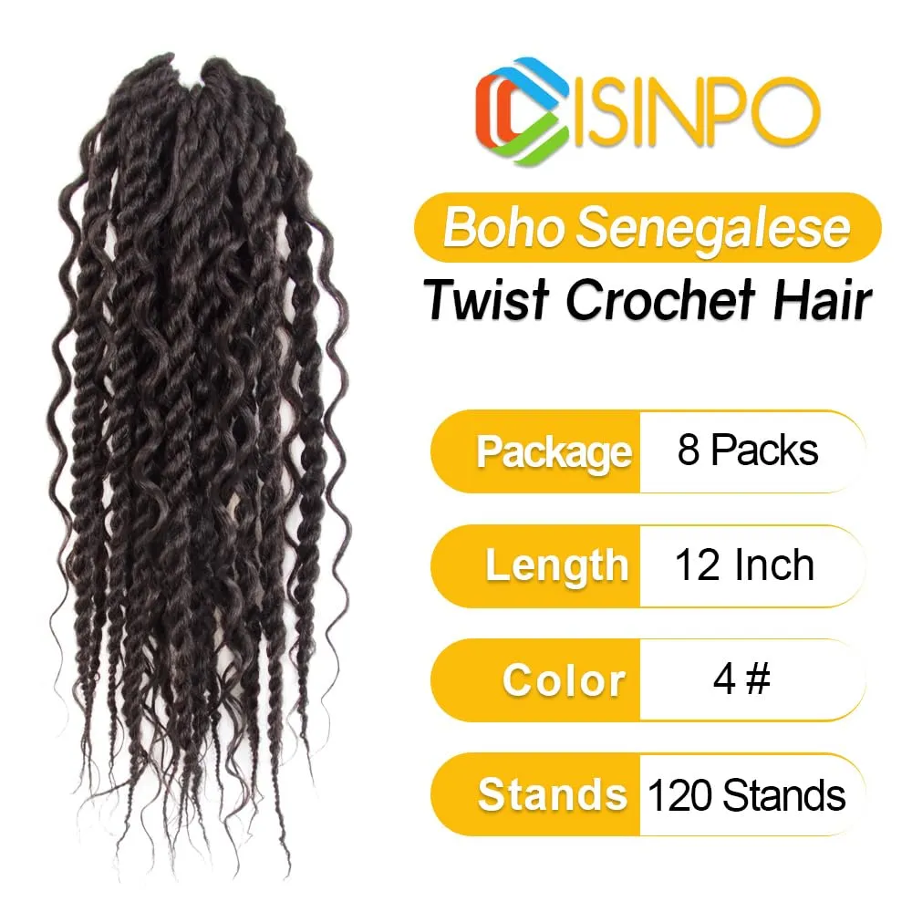 Boho Twist Crochet Hair 12 Inch, 8 Packs Wavy Senegalese Twist Crochet Hair with Curly Ends, Brown Pre-Looped Pre-Twisted Island Style Goddess Passion Braids (120 Strands, 4#)