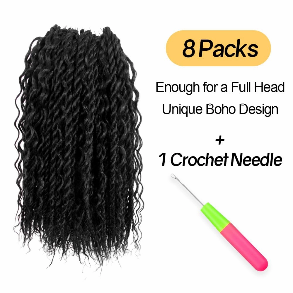 Boho Twist Crochet Hair 12 Inch, 8 Packs Wavy Senegalese Twist Crochet Hair with Curly Ends, Black Pre-Looped Pre-Twisted Island Style Goddess Passion Braids (120 Strands, 1#)