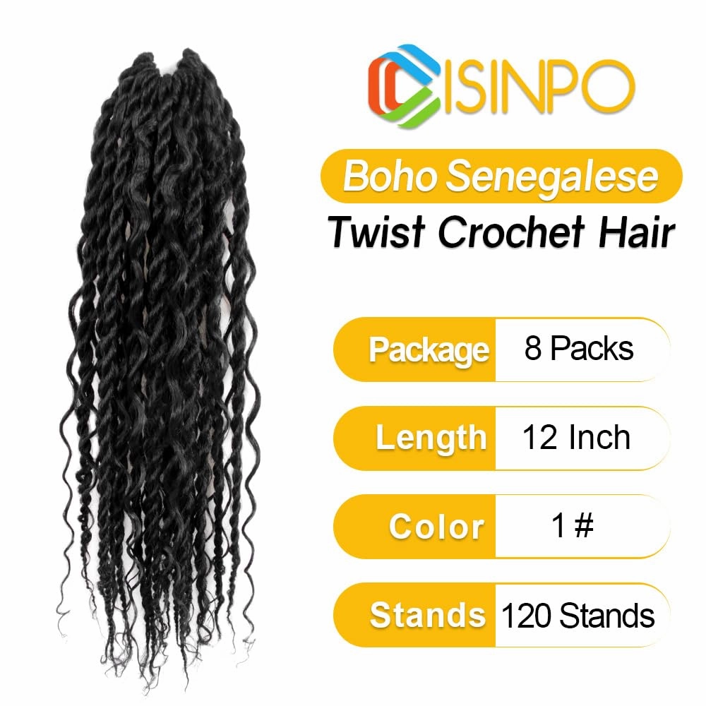 Boho Twist Crochet Hair 12 Inch, 8 Packs Wavy Senegalese Twist Crochet Hair with Curly Ends, Black Pre-Looped Pre-Twisted Island Style Goddess Passion Braids (120 Strands, 1#)