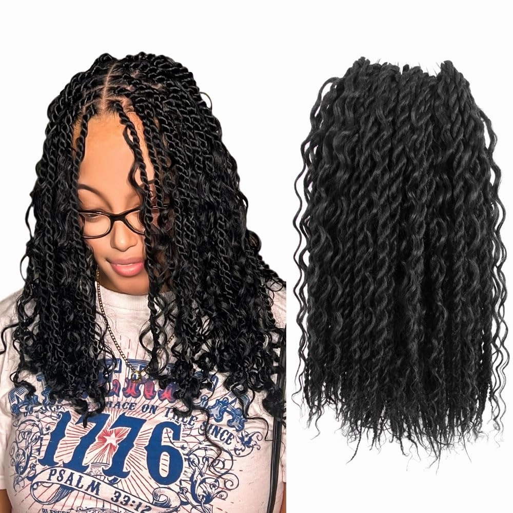 Boho Twist Crochet Hair 12 Inch, 8 Packs Wavy Senegalese Twist Crochet Hair with Curly Ends, Black Pre-Looped Pre-Twisted Island Style Goddess Passion Braids (120 Strands, 1#)