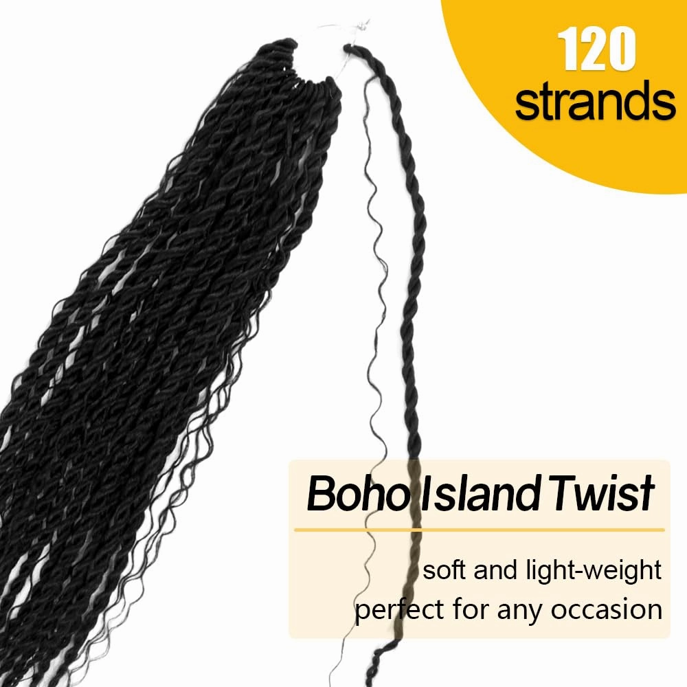 Boho Twist Crochet Hair 12 Inch, 8 Packs Wavy Senegalese Twist Crochet Hair with Curly Ends, Black Pre-Looped Pre-Twisted Island Style Goddess Passion Braids (120 Strands, 1#)