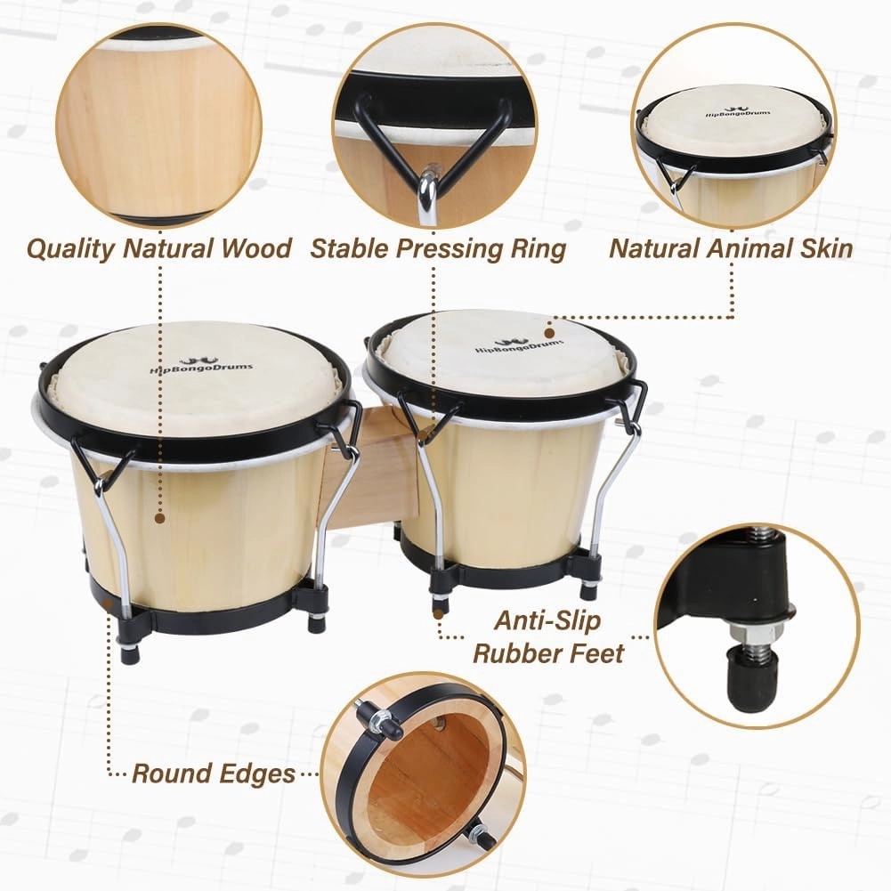 Bongo Drum Set for Adults Kids Beginners Professionals, Upgrade Packaging, Set of 6 and 7 inch Tunable Percussion Instruments, Natural Animal Hides Hickory Shells Wood Metal with Tuning Wrench