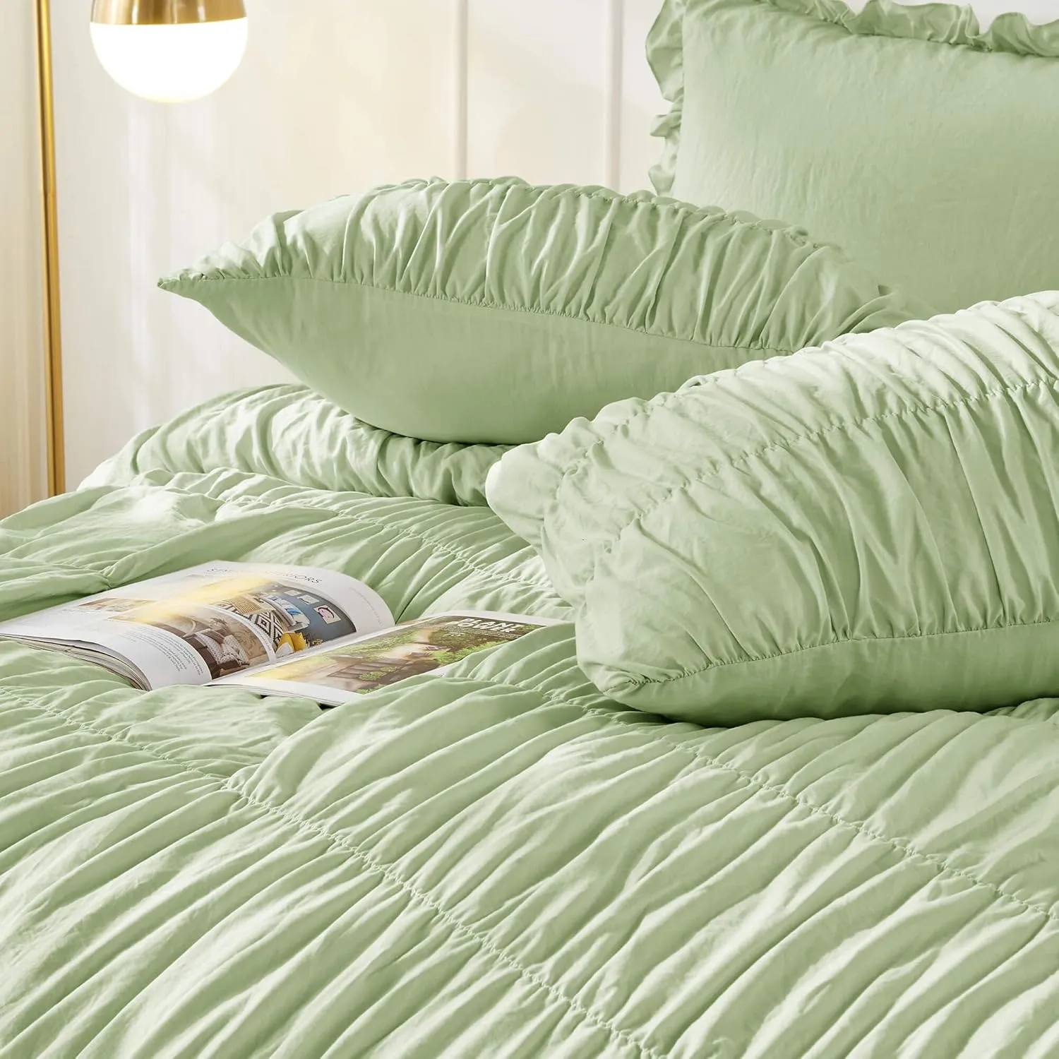 Bonlino King Size Comforter Set Bedding - Ruched Sage Green Comforter King Bed Set Boho Shabby Chic Bedding for Bedroom Comforter Fluffy 3 Piece Ruffle Comforter Set Green Luxury Bedding