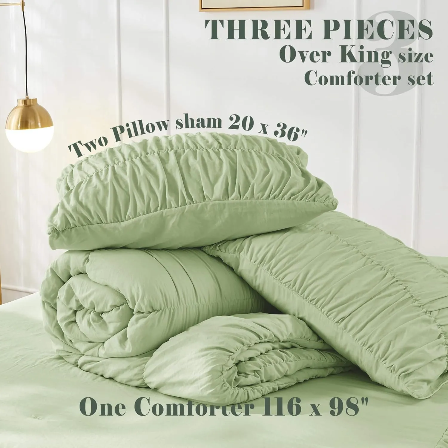 Bonlino King Size Comforter Set Bedding - Ruched Sage Green Comforter King Bed Set Boho Shabby Chic Bedding for Bedroom Comforter Fluffy 3 Piece Ruffle Comforter Set Green Luxury Bedding