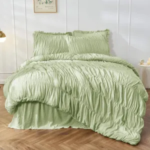 Bonlino King Size Comforter Set Bedding - Ruched Sage Green Comforter King Bed Set Boho Shabby Chic Bedding for Bedroom Comforter Fluffy 3 Piece Ruffle Comforter Set Green Luxury Bedding