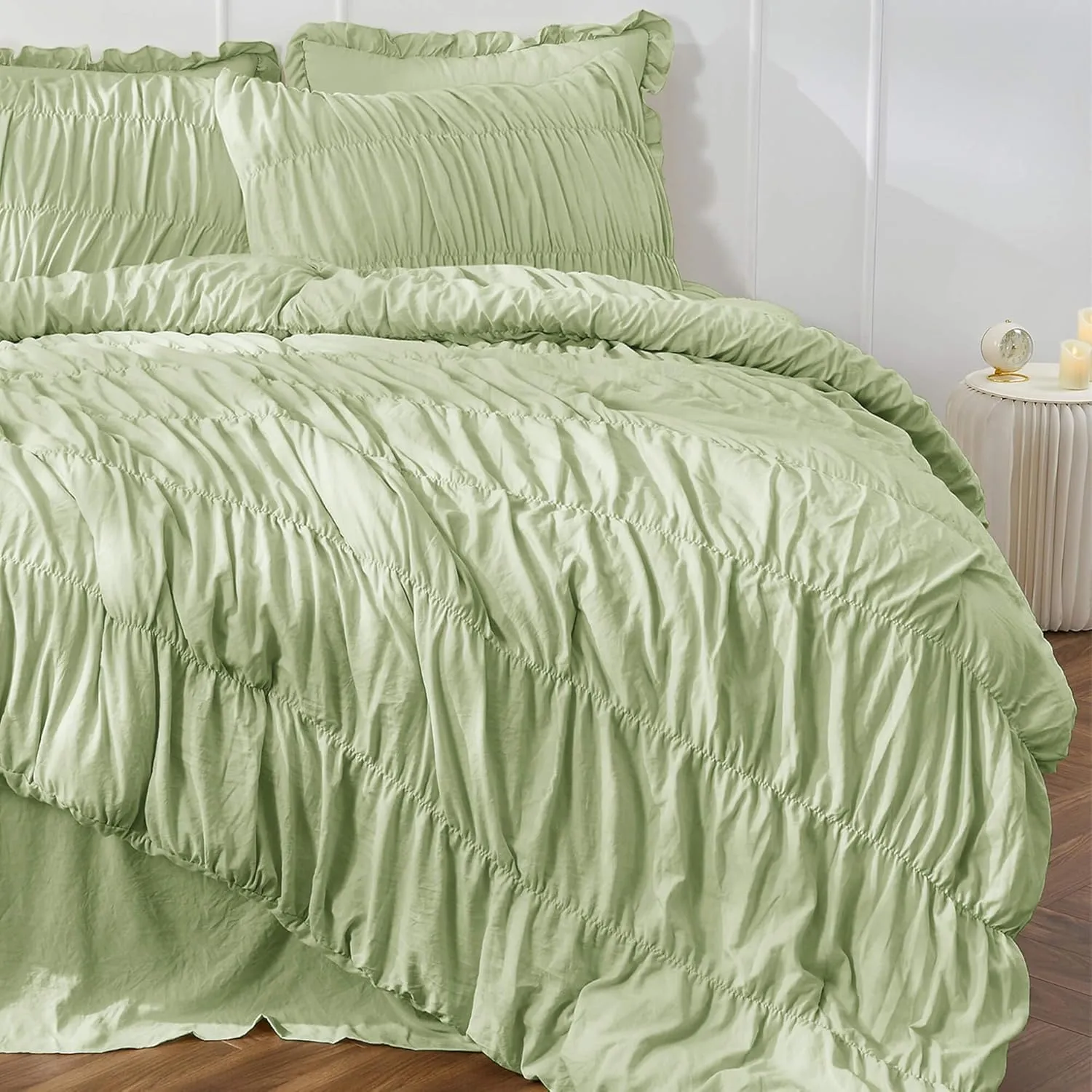 Bonlino King Size Comforter Set Bedding - Ruched Sage Green Comforter King Bed Set Boho Shabby Chic Bedding for Bedroom Comforter Fluffy 3 Piece Ruffle Comforter Set Green Luxury Bedding