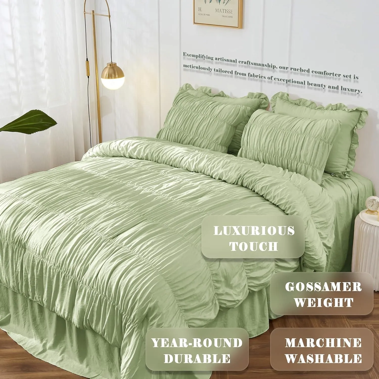 Bonlino King Size Comforter Set Bedding - Ruched Sage Green Comforter King Bed Set Boho Shabby Chic Bedding for Bedroom Comforter Fluffy 3 Piece Ruffle Comforter Set Green Luxury Bedding