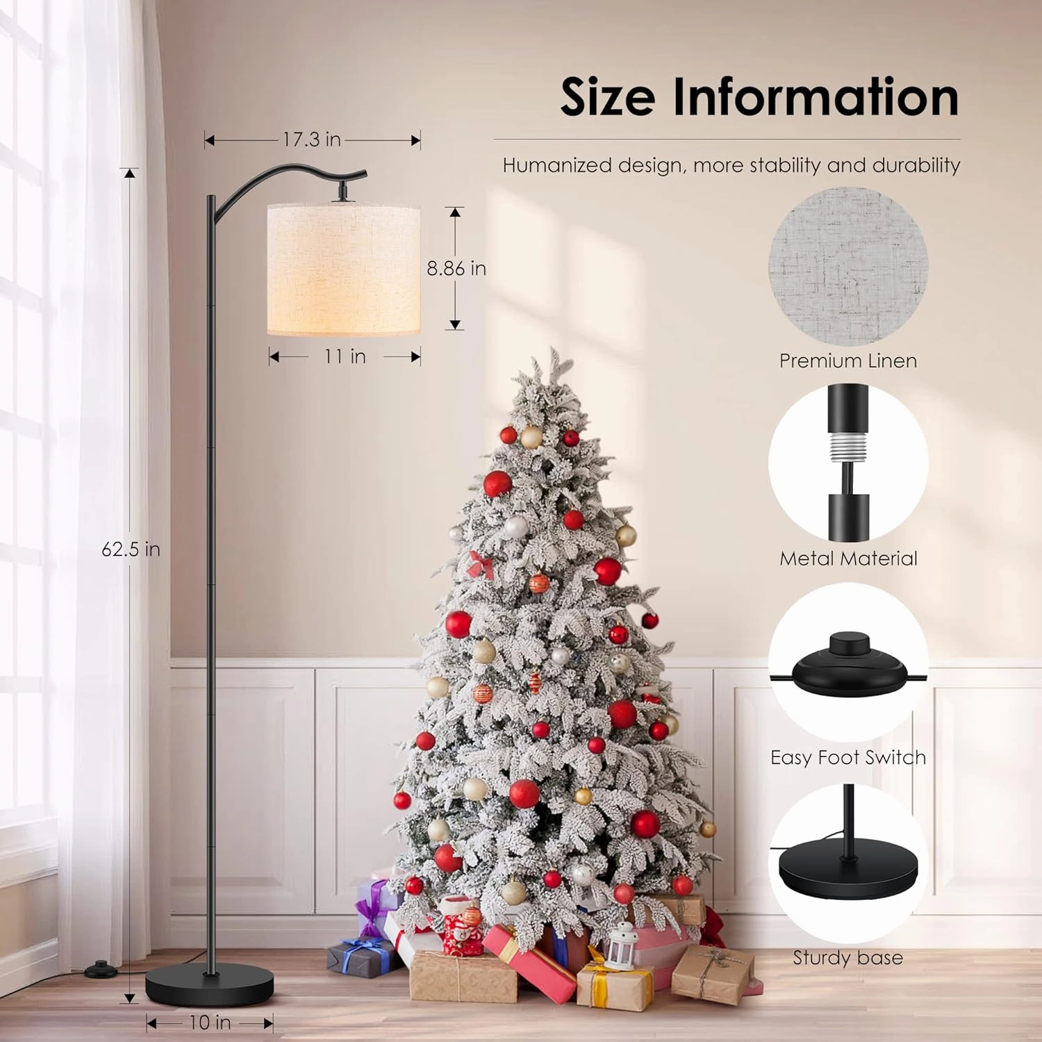 BoostArea Floor Lamp for Living Room,LED Arched Floor Lamps, Tall Modern Standing Lamp with Beige Linen Shade,E26 Socket, Footswitch,Mid Century Floor Lamp for Bedrooms,Study Room,Office