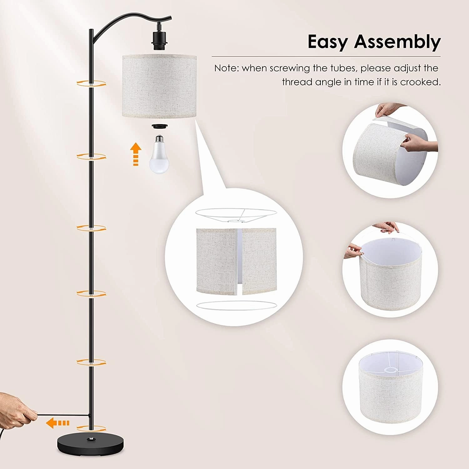 BoostArea Floor Lamp for Living Room,LED Arched Floor Lamps, Tall Modern Standing Lamp with Beige Linen Shade,E26 Socket, Footswitch,Mid Century Floor Lamp for Bedrooms,Study Room,Office
