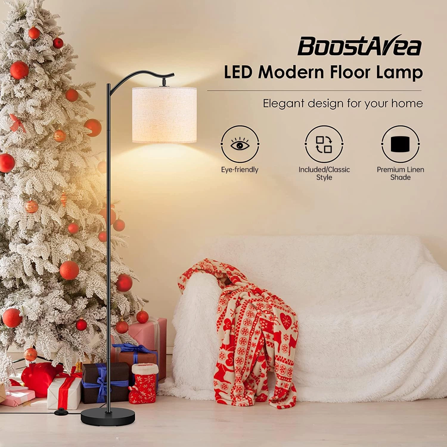 BoostArea Floor Lamp for Living Room,LED Arched Floor Lamps, Tall Modern Standing Lamp with Beige Linen Shade,E26 Socket, Footswitch,Mid Century Floor Lamp for Bedrooms,Study Room,Office