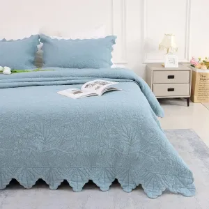 Brandream Luxury Quilt Set King Size Cotton Farmhouse Scalloped Edge Quilts Matelasse Coverlet Set Light Blue 3-Piece