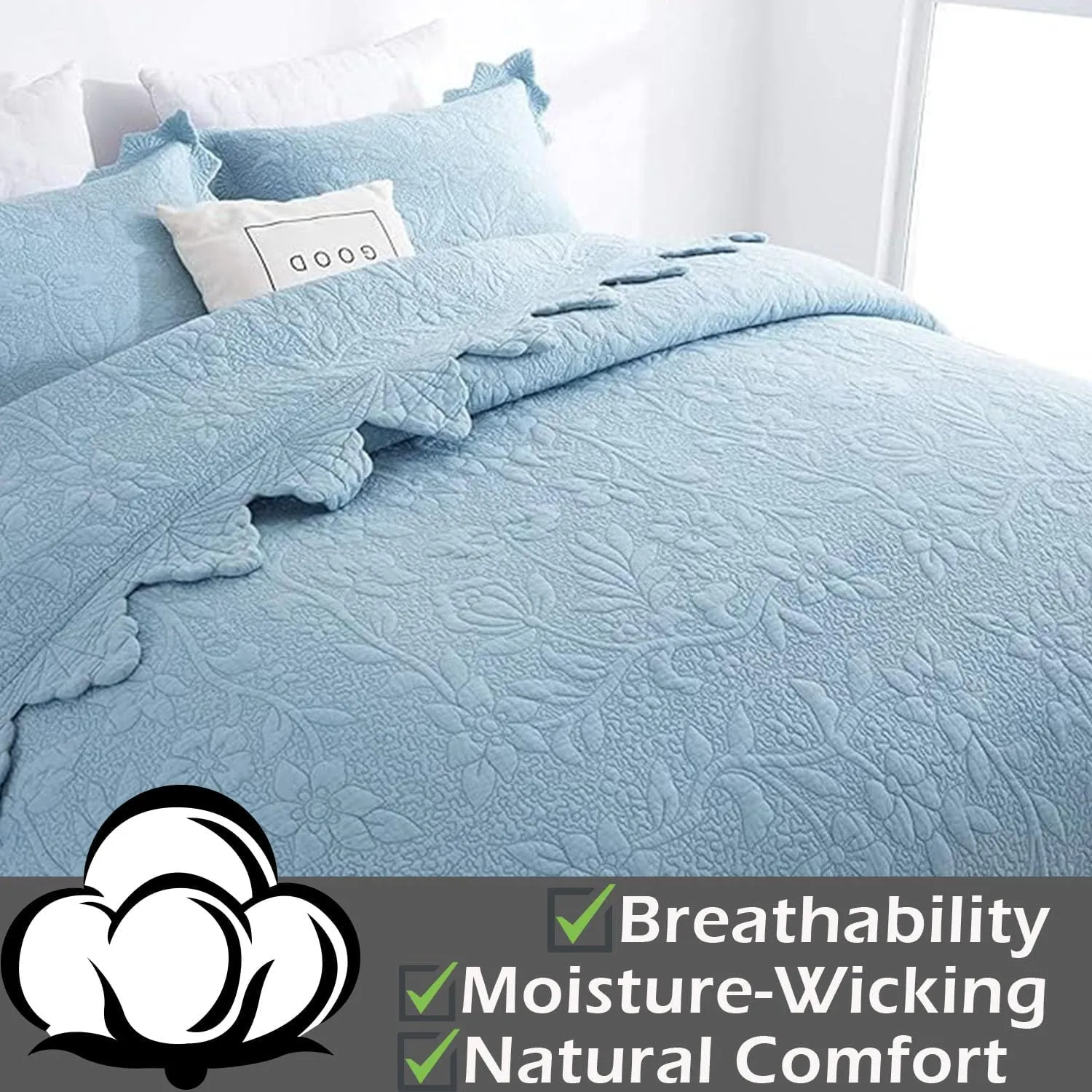 Brandream Luxury Quilt Set King Size Cotton Farmhouse Scalloped Edge Quilts Matelasse Coverlet Set Light Blue 3-Piece