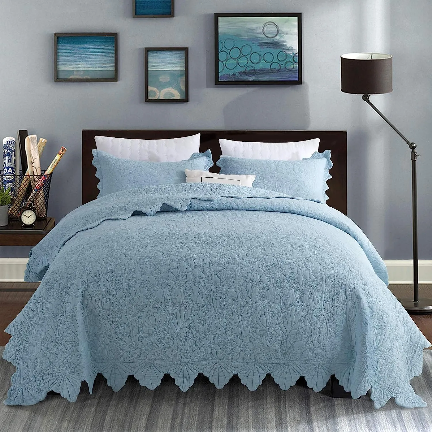 Brandream Luxury Quilt Set King Size Cotton Farmhouse Scalloped Edge Quilts Matelasse Coverlet Set Light Blue 3-Piece