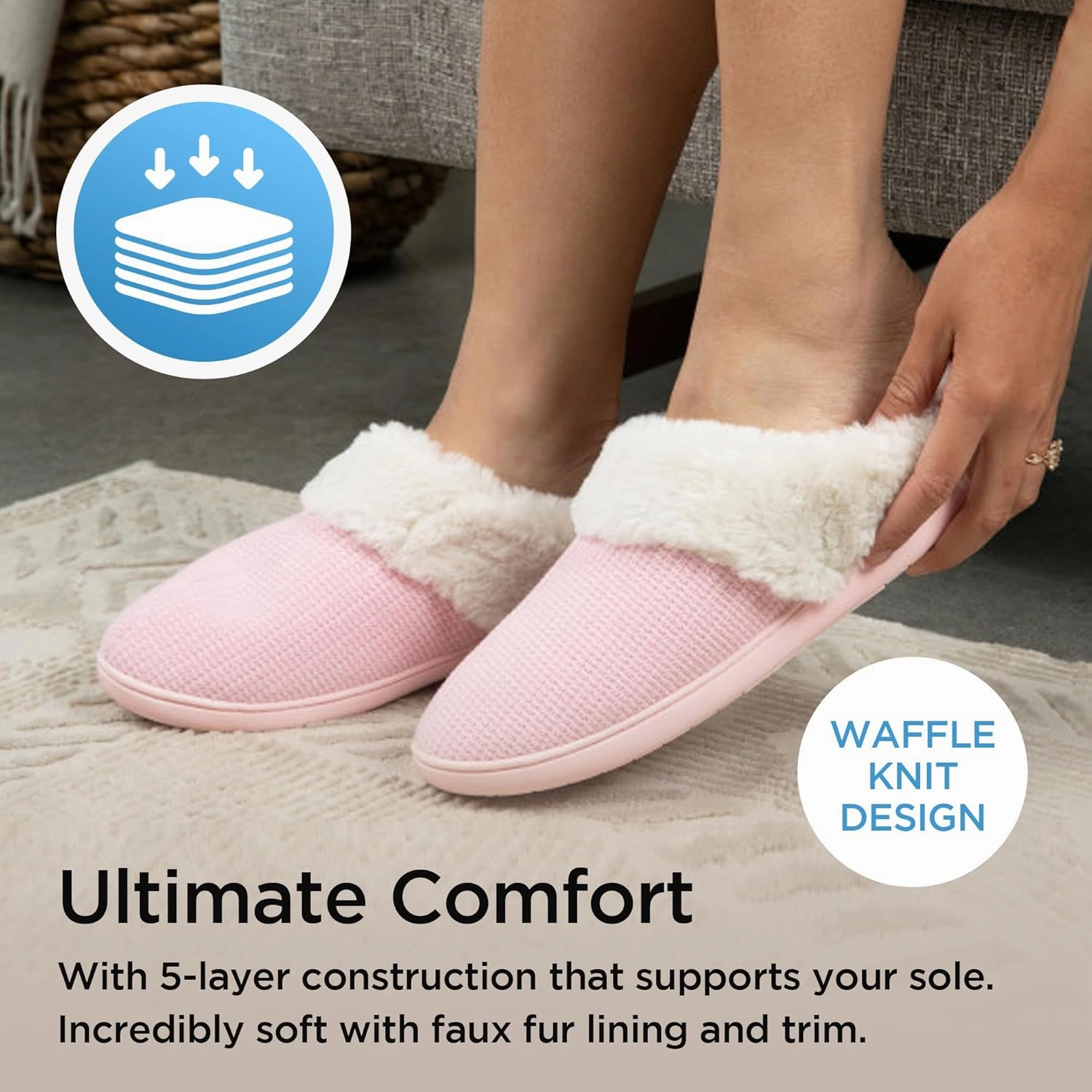 Brookstone Classic Comfort Memory Foam Indoor Slippers - Women's Memory Foam Cozy Slippers - Soft Plush, Non-Slip Sole