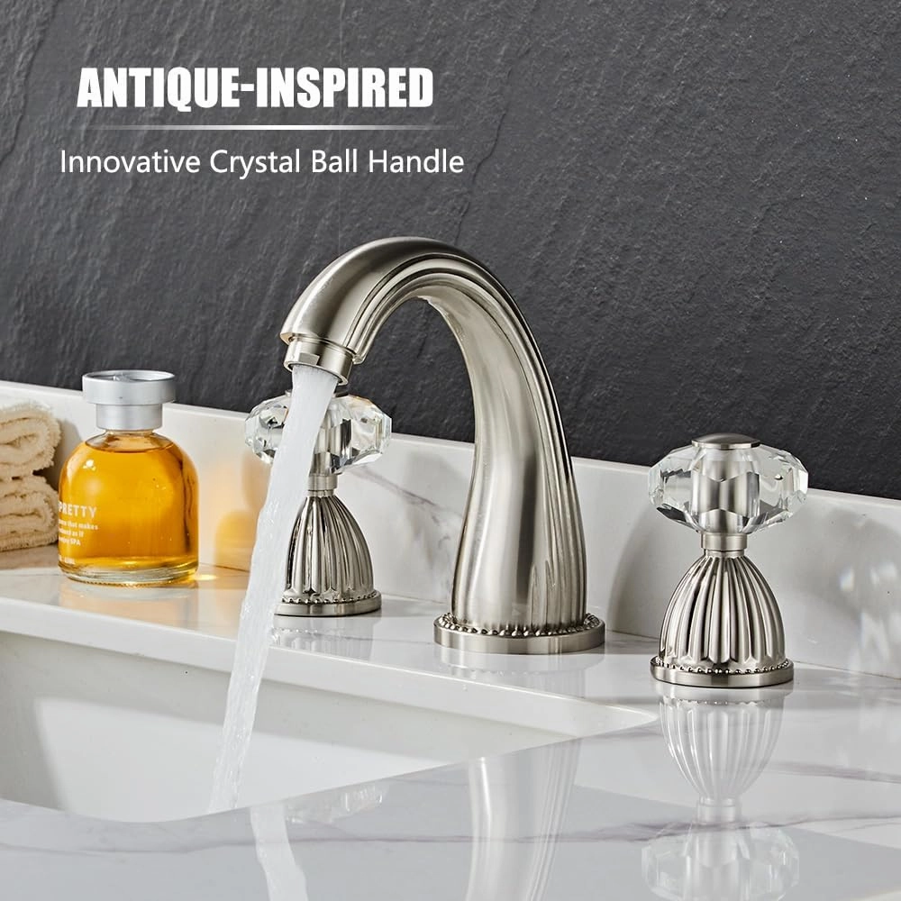 Brushed Nickel Widespread Bathroom Sink Faucet,Two Crystal Handle Three Hole Brass Lavatory Vanity Faucet,8-16 Inch Basin Mixer Tap with Pop Up Drain Assembly