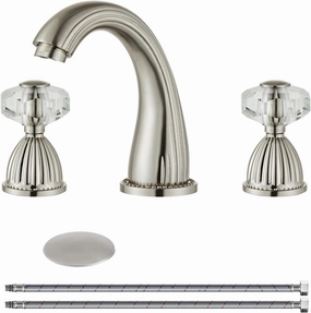 Brushed Nickel Widespread Bathroom Sink Faucet,Two Crystal Handle Three Hole Brass Lavatory Vanity Faucet,8-16 Inch Basin Mixer Tap with Pop Up Drain Assembly