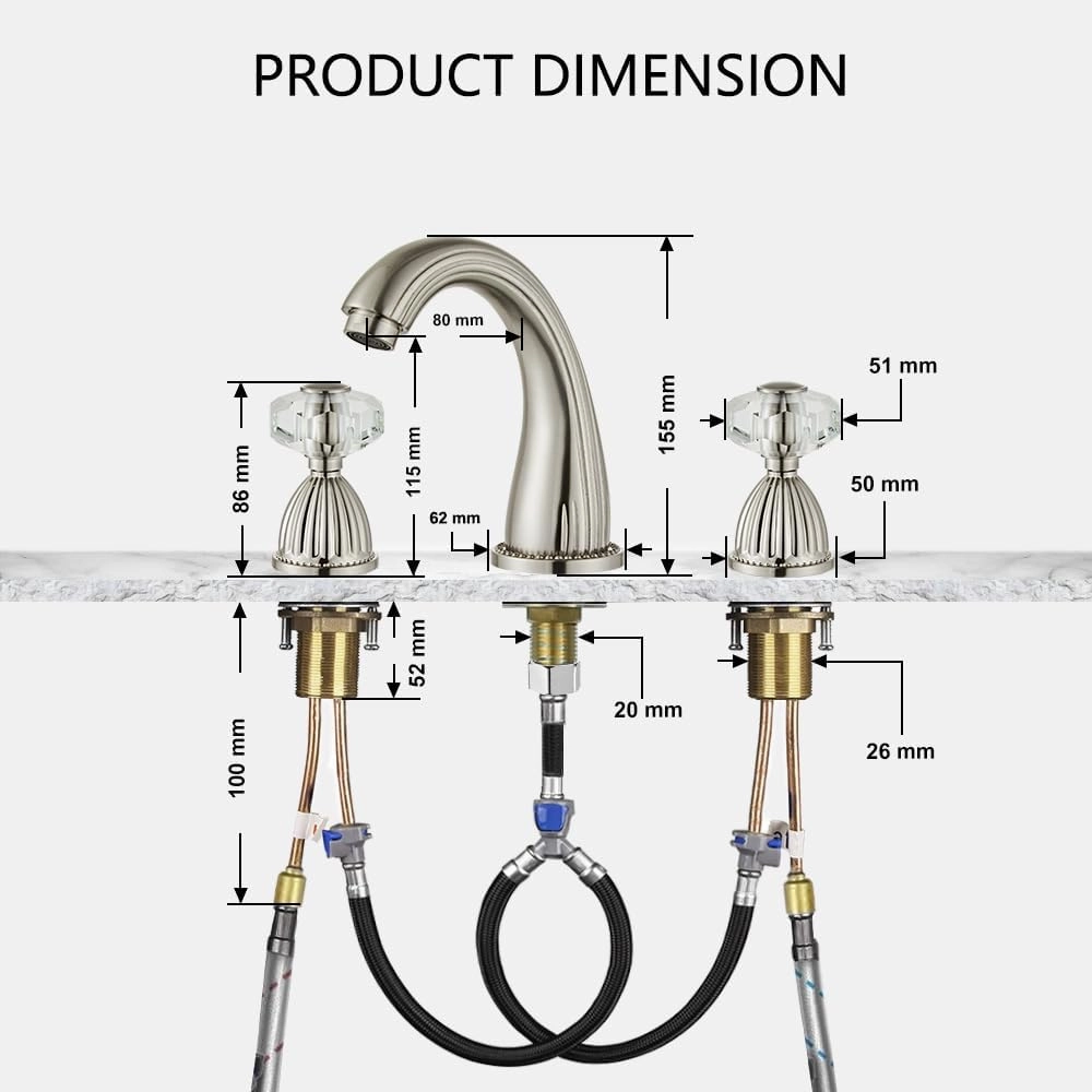 Brushed Nickel Widespread Bathroom Sink Faucet,Two Crystal Handle Three Hole Brass Lavatory Vanity Faucet,8-16 Inch Basin Mixer Tap with Pop Up Drain Assembly