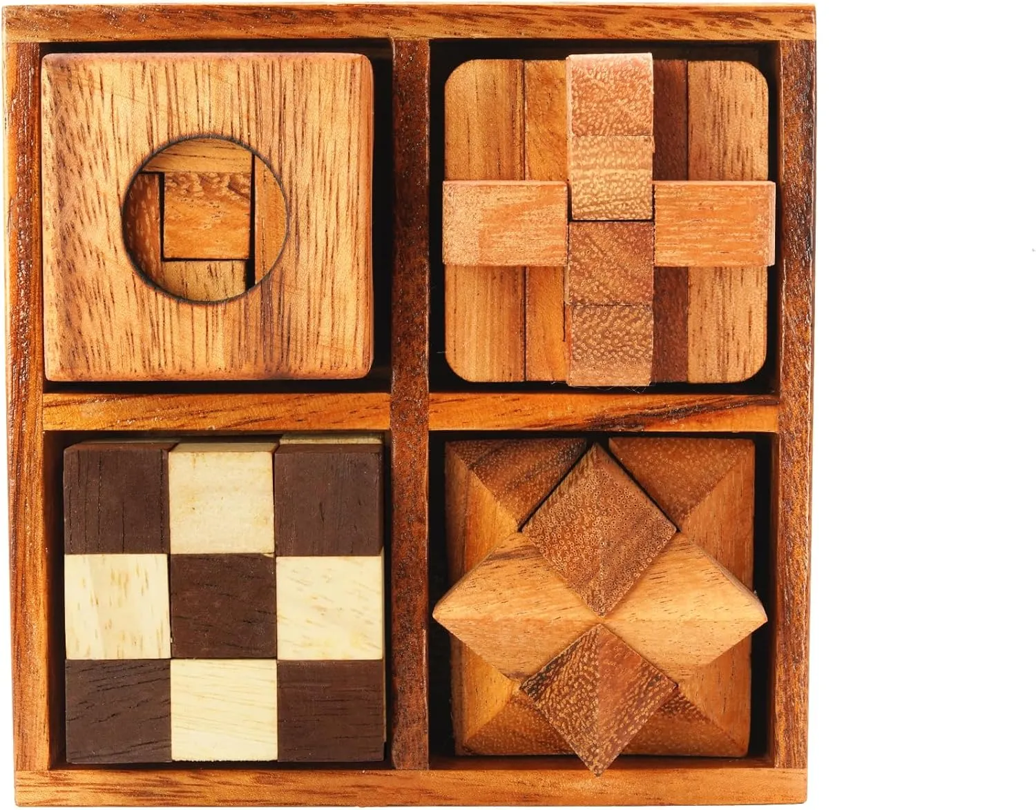BSIRI Wooden Puzzle Box Set (4 Games) - Challenging Brain Teasers 3D Puzzles for Adults, Interlocking Games for IQ Test. Ideal for Rustic Patio Decor, Unique Gift for Christmas and Birthdays