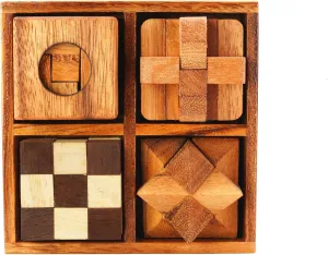 BSIRI Wooden Puzzle Box Set (4 Games) - Challenging Brain Teasers 3D Puzzles for Adults, Interlocking Games for IQ Test. Ideal for Rustic Patio Decor, Unique Gift for Christmas and Birthdays