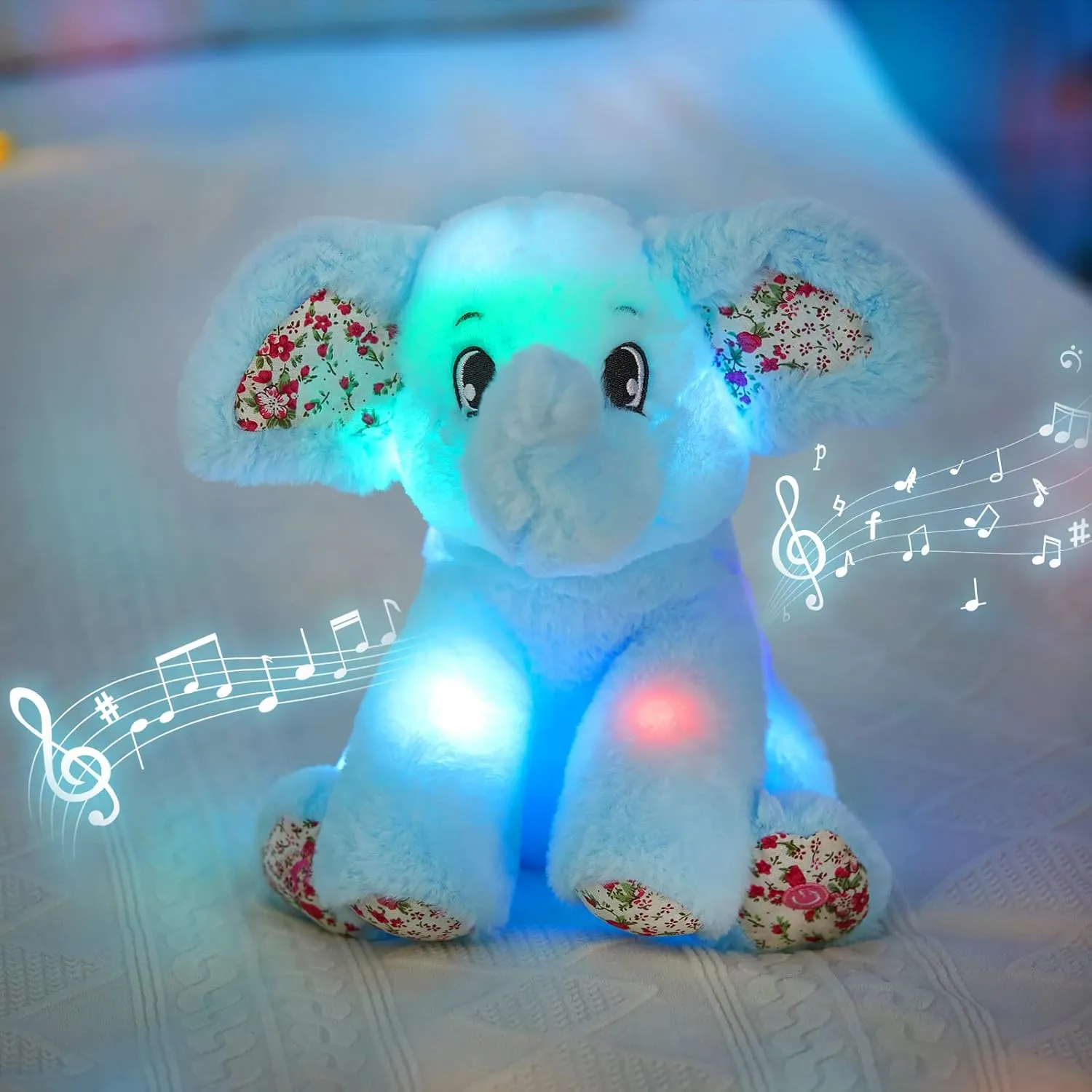 BSTAOFY 12‘’ Musical Light Up Elephant Plush Toy Floppy LED Stuffed Animals Lullabies Nightlight Bedtime for Kids Birthday Valentines for Toddlers, Blue
