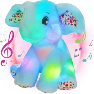 BSTAOFY 12‘’ Musical Light Up Elephant Plush Toy Floppy LED Stuffed Animals Lullabies Nightlight Bedtime for Kids Birthday Valentines for Toddlers, Blue