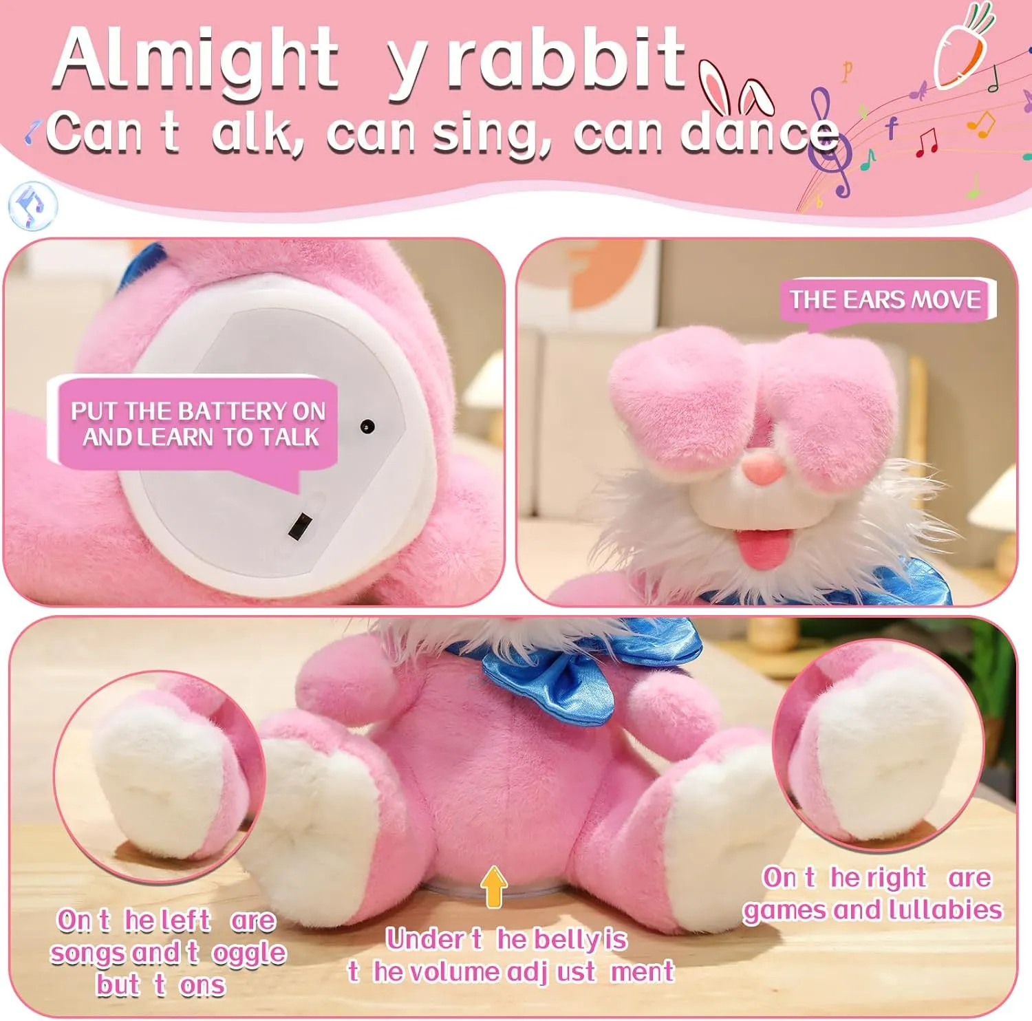 Bunny Plush Baby Toys Easter Gifts Bunny Stuffed Animals Peek-A-Boo Toys Repeats What You Say Singing with Floppy Ears Birthday Gift for Toddler 7 8 9 10 11 Months 1-2 Year,12 inch Pink
