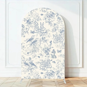 Bunny and Floral Vintage Arch Backdrop Cover Dusty Blue Toile de Jouy French Spandex Cover Birthday Wedding Bridal Shower Easter Party Decoration (G-4270,4FT (4x1.7ft))