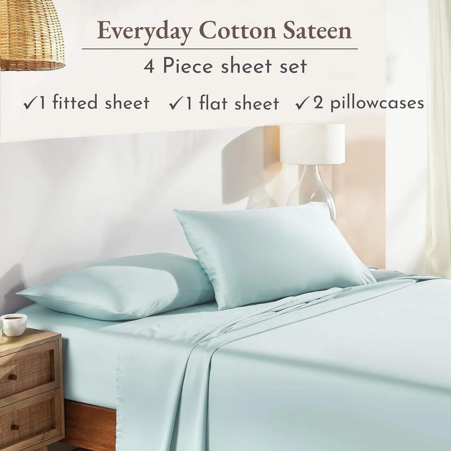 California Design Den King Sheets Set - Natural 100% Cotton Sheets King Size with Deep Pockets, Soft Sateen Weave, Breathable, Cooling and Durable Bedding Set (Seafoam)