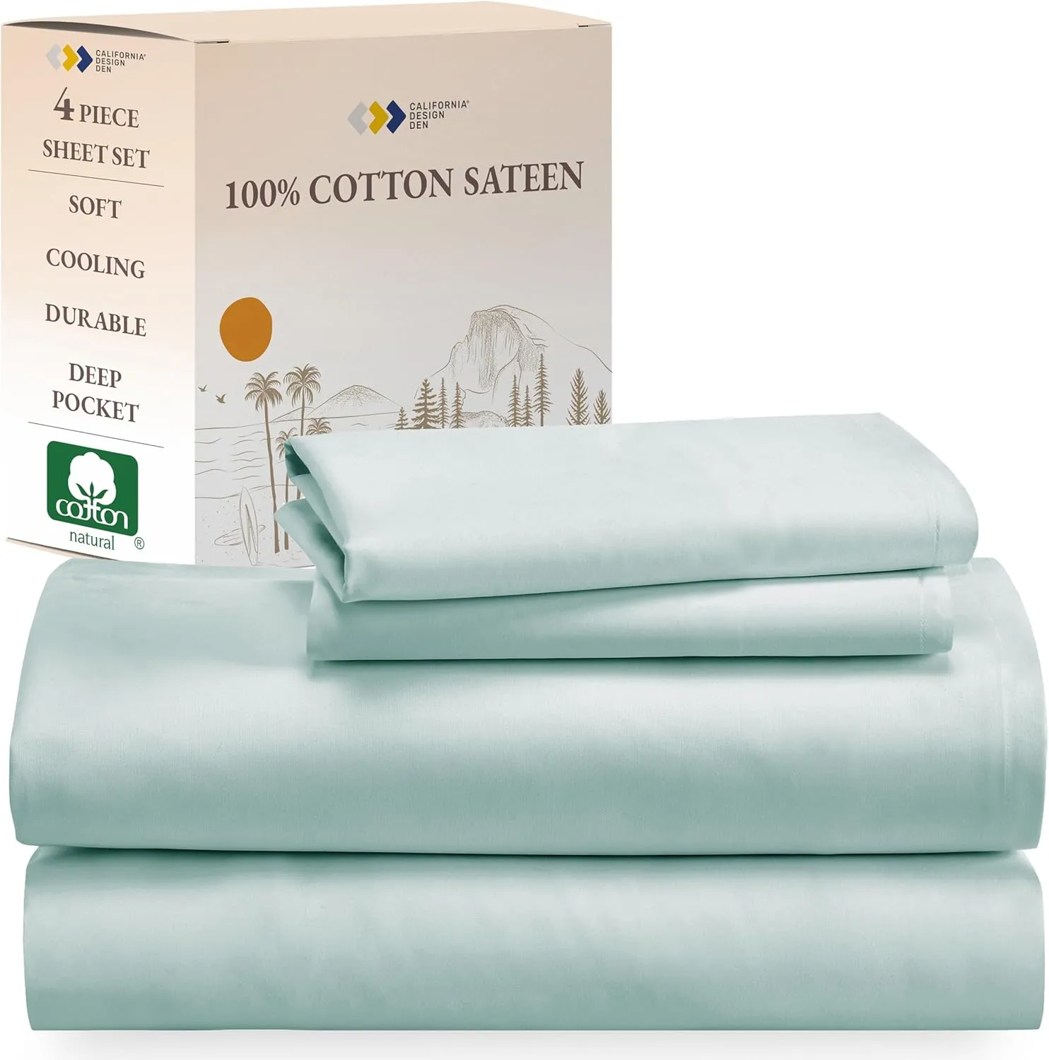 California Design Den King Sheets Set - Natural 100% Cotton Sheets King Size with Deep Pockets, Soft Sateen Weave, Breathable, Cooling and Durable Bedding Set (Seafoam)