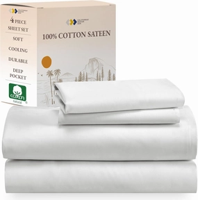 California Design Den King Sheet Set - Natural 100% Cotton Sateen Sheets King Size Set with Deep Pockets, Soft Sateen Weave, Breathable, Cooling and Durable Bedding (Eggshell - Ivory)